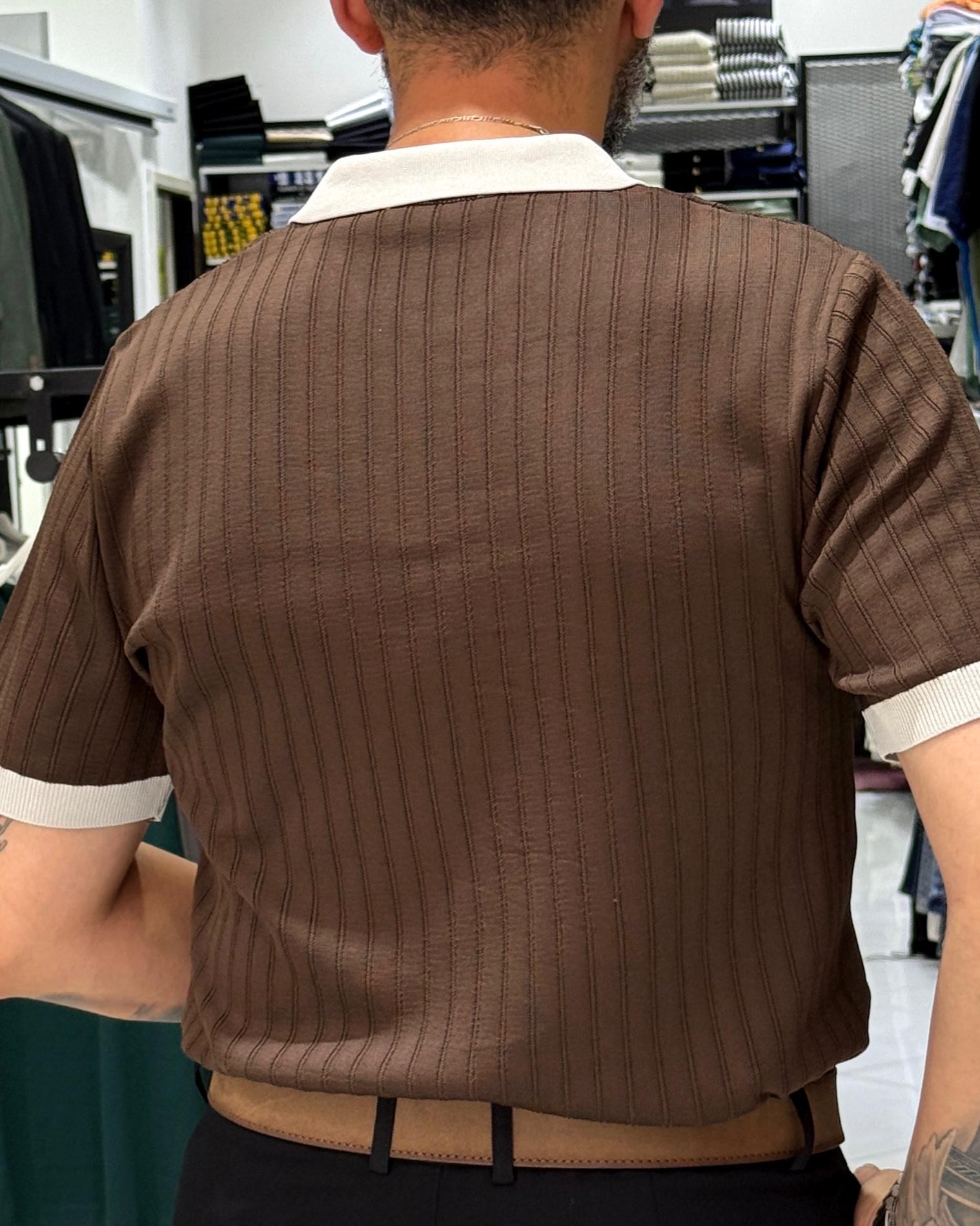 Yaka Detaylı Erkek Triko Polo Yaka T-Shirt - kahve
