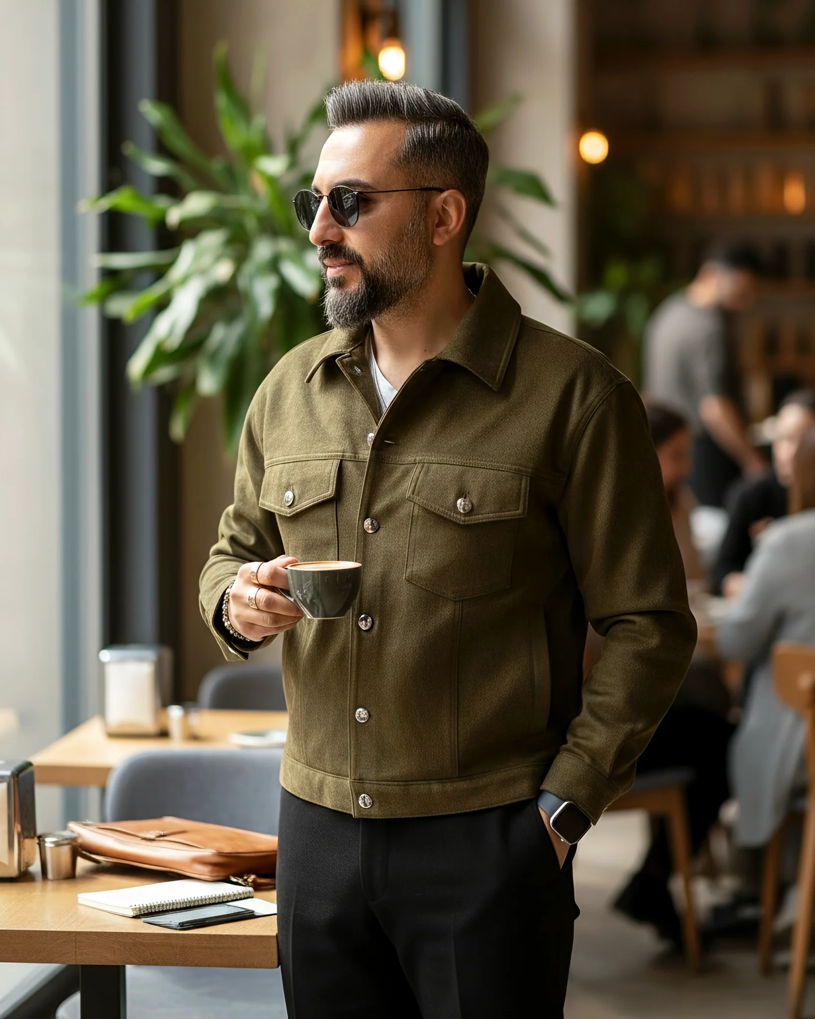 Boxy Fit Suede Men's Jacket - Khaki green