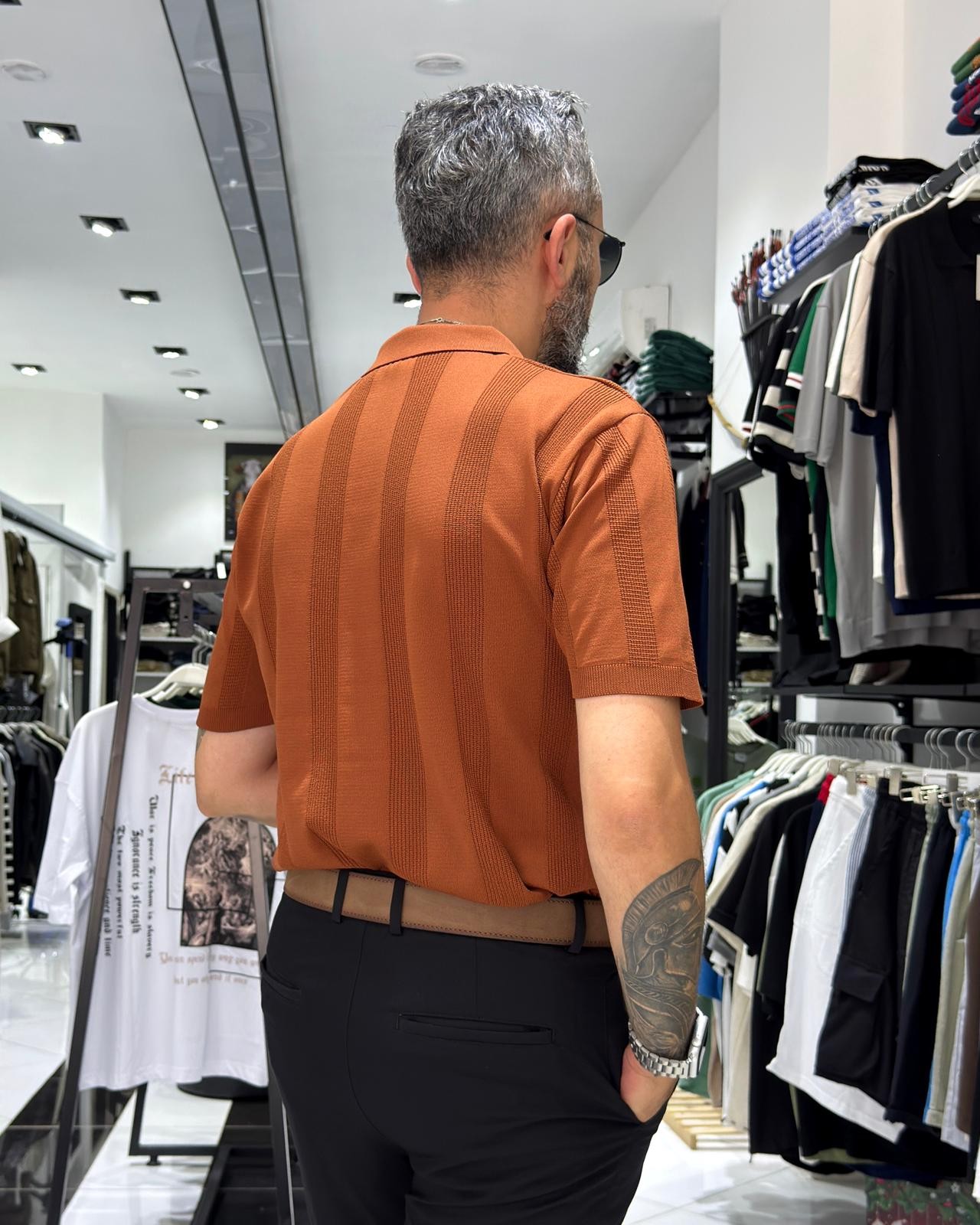 Desenli Polo Yaka Yarım Fermuarlı Erkek T-Shirt - kiremit