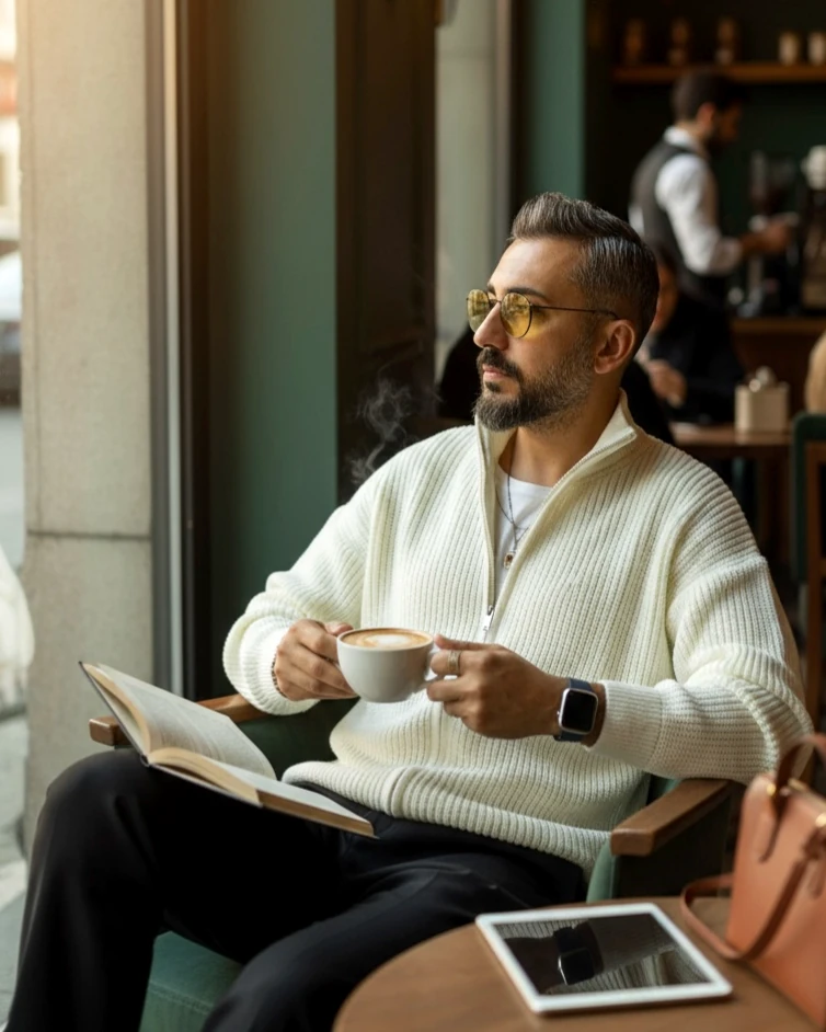 Knitted Zippered Oversize Men's Cardigan - Ecru