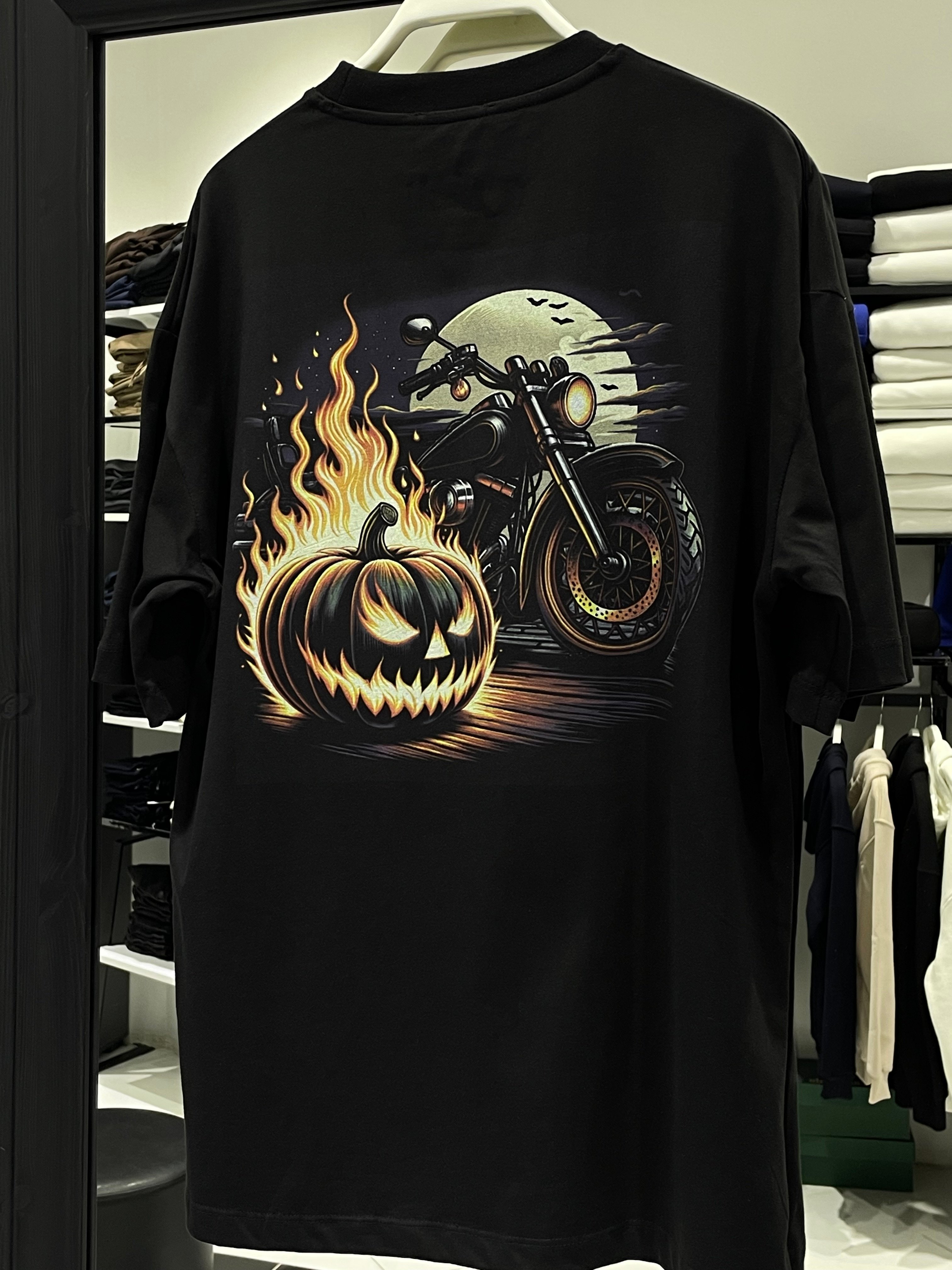 Higo Man Oversize Siyah T-Shirt – Motor ve Alev Detaylı Baskı