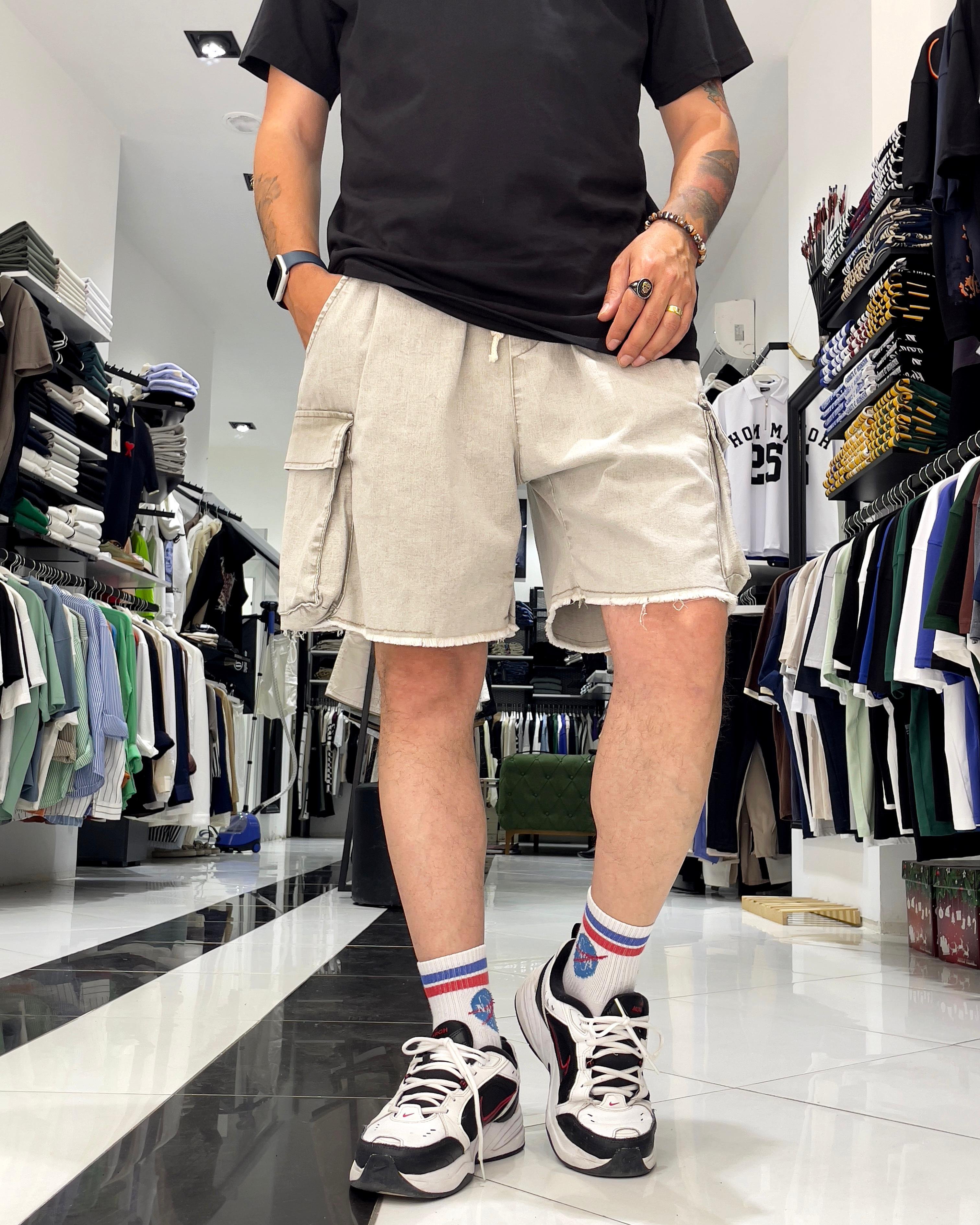Baggy Fit Organik Denim Erkek Kargo Şort – Higo Man - yıkamalı gri