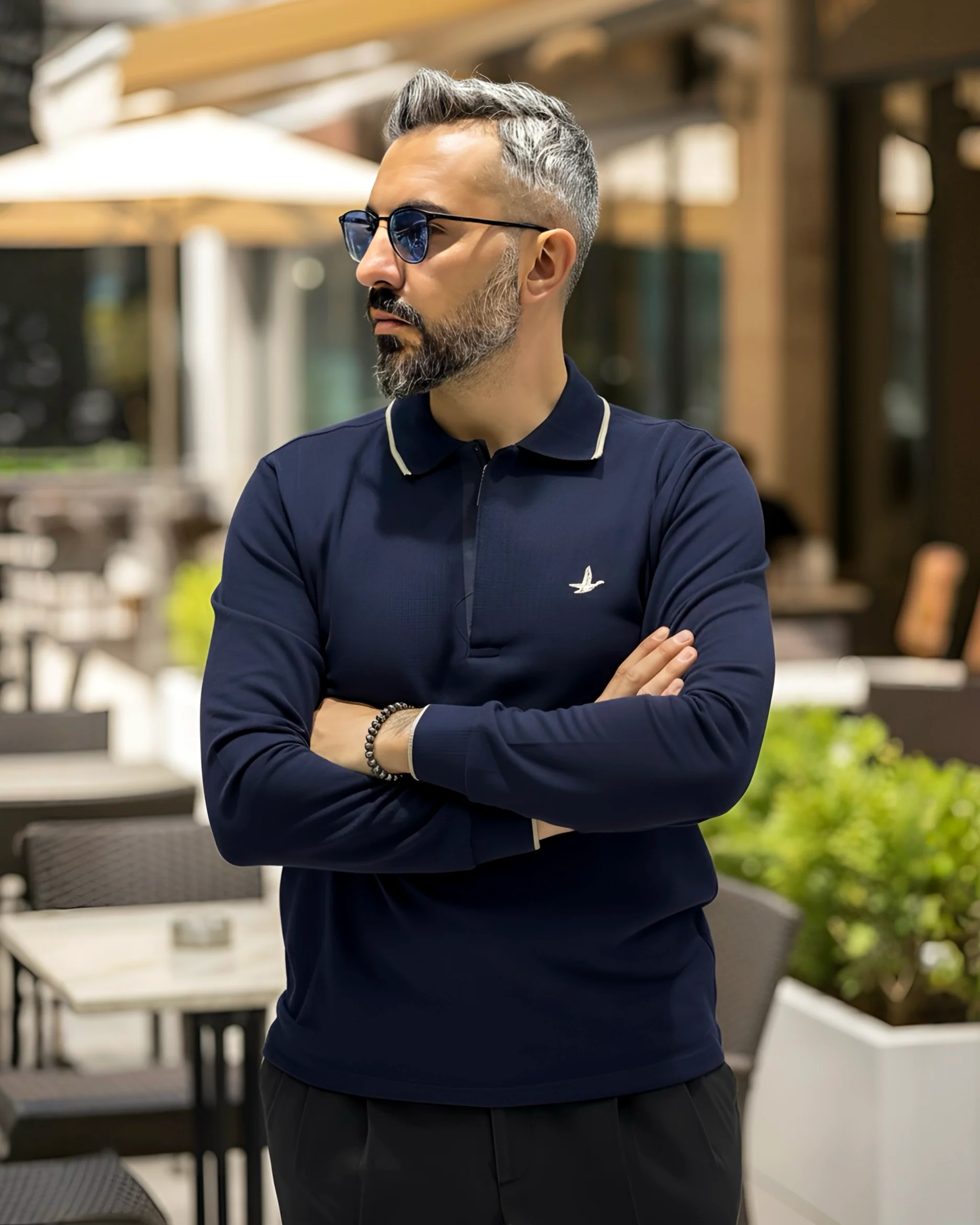 Uzun Kollu  Yarım Fermuarlı Pike Kumaş Erkek Polo - lacivert