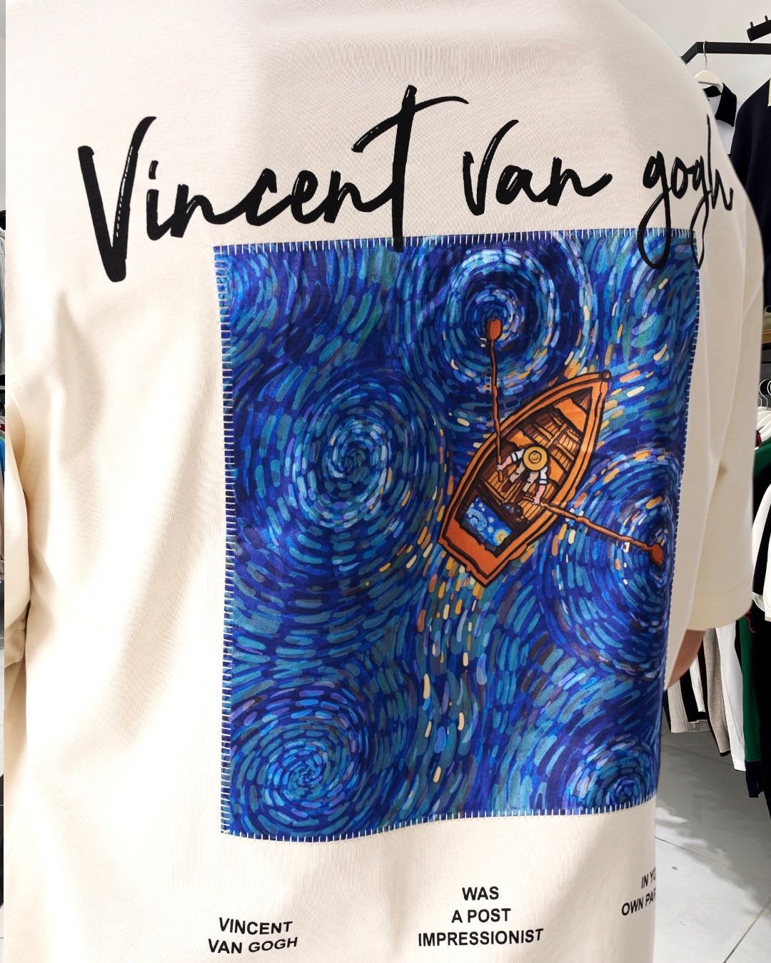 Van Gogh Baskılı Kumaş Detaylı Oversize Erkek Tişört - bej