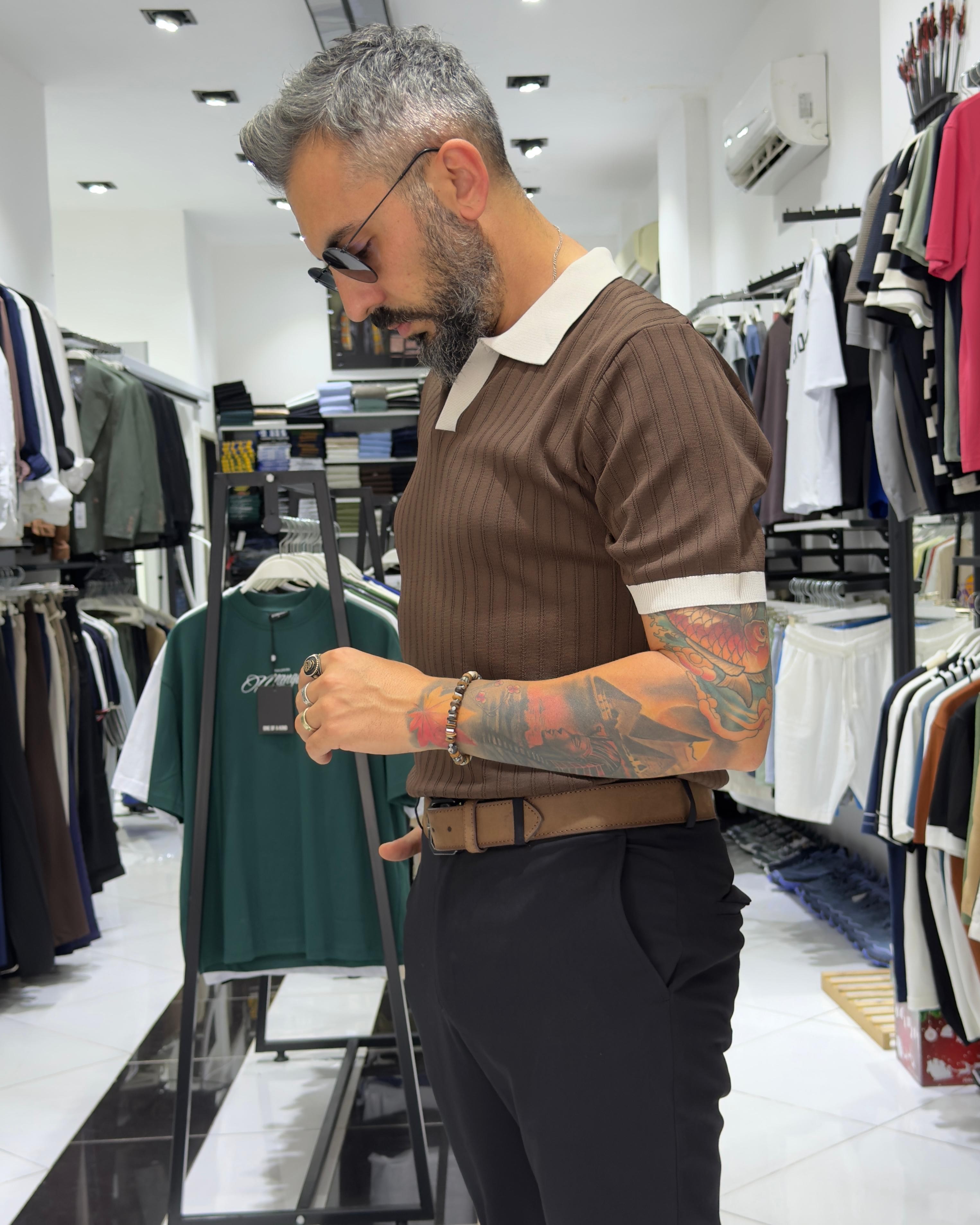 Yaka Detaylı Erkek Triko Polo Yaka T-Shirt - kahve