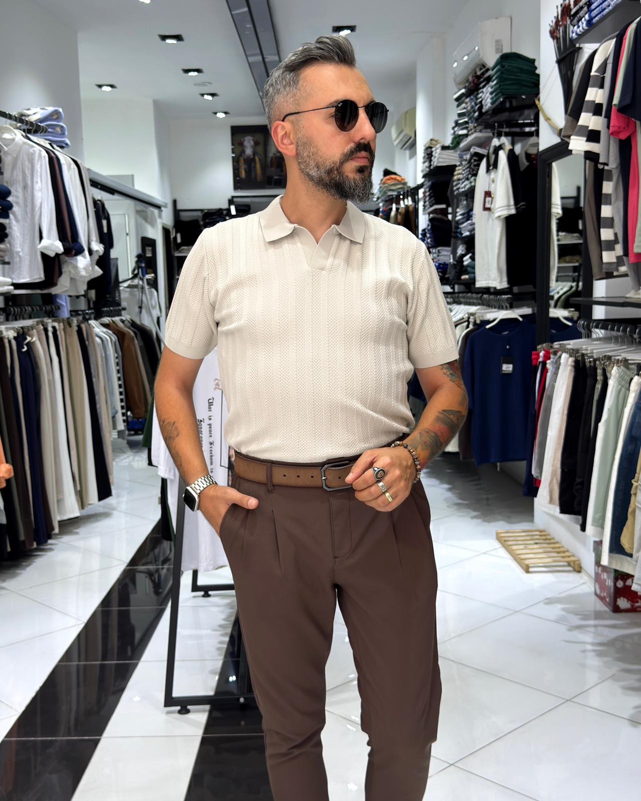 Yaka Detaylı Triko Polo Yaka Erkek T-Shirt