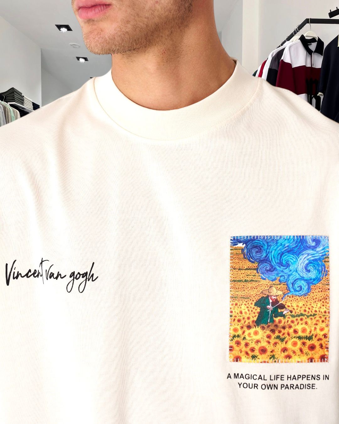Van Gogh Baskılı Kumaş Detaylı Oversize Erkek Tişört - bej