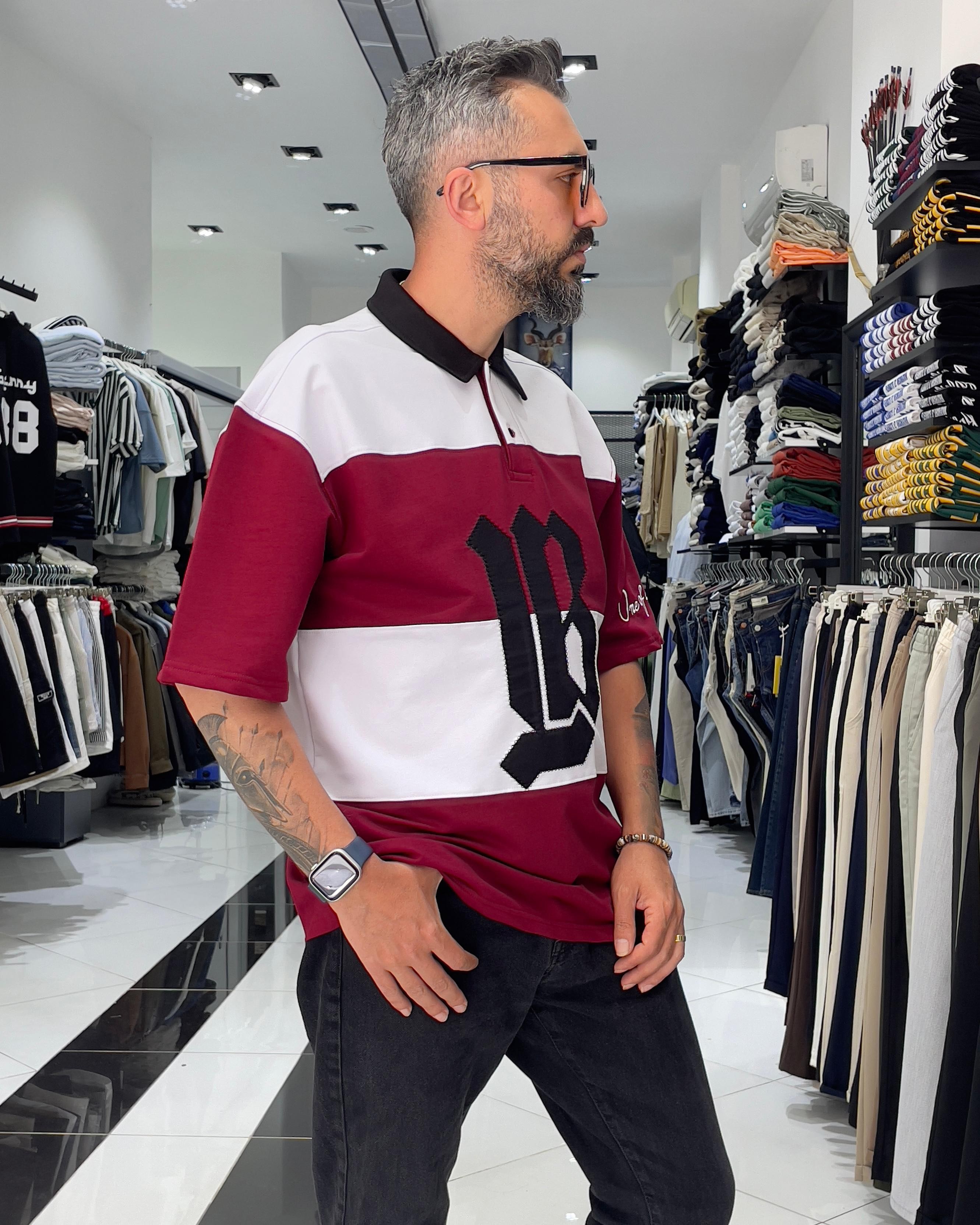 LB Nakışlı Yarım Fermuarlı Oversize Polo Yaka Erkek T-Shirt - bordo