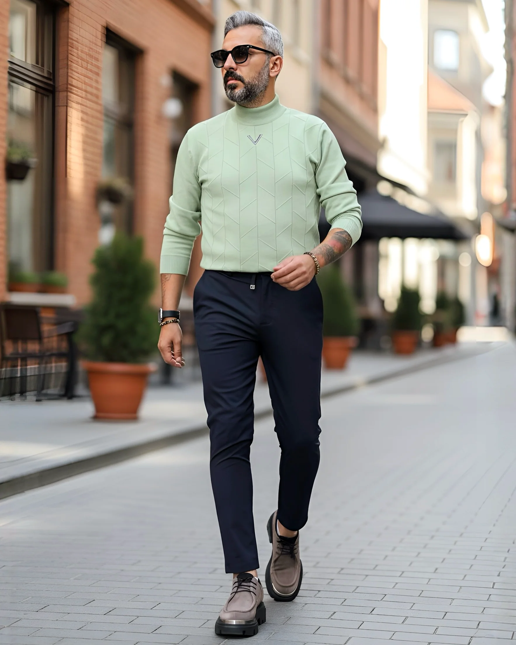 Yarım Balıkçı Desenli Triko Erkek Kazak - yeşil