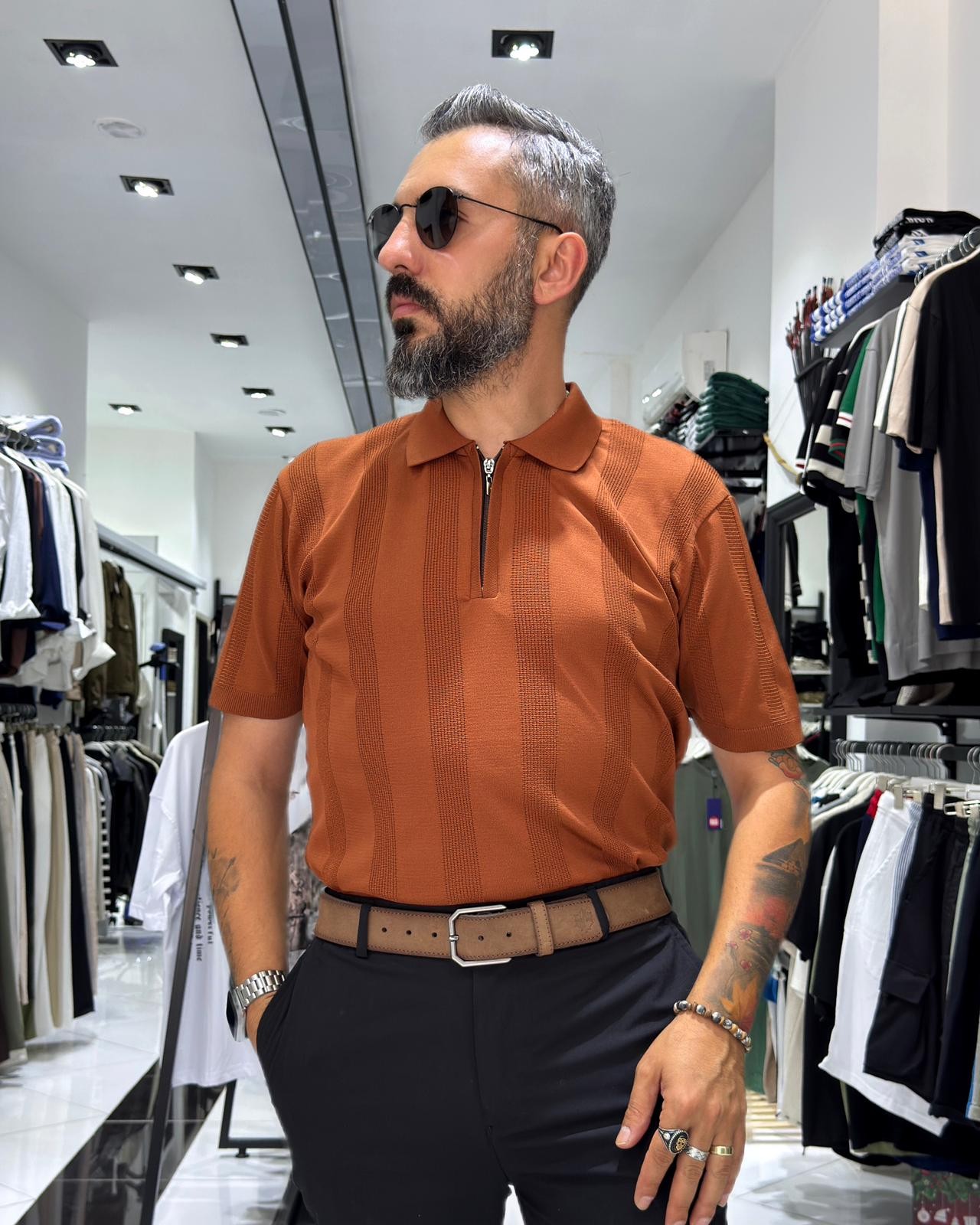  Desenli Polo Yaka Yarım Fermuarlı Erkek T-Shirt - kiremit