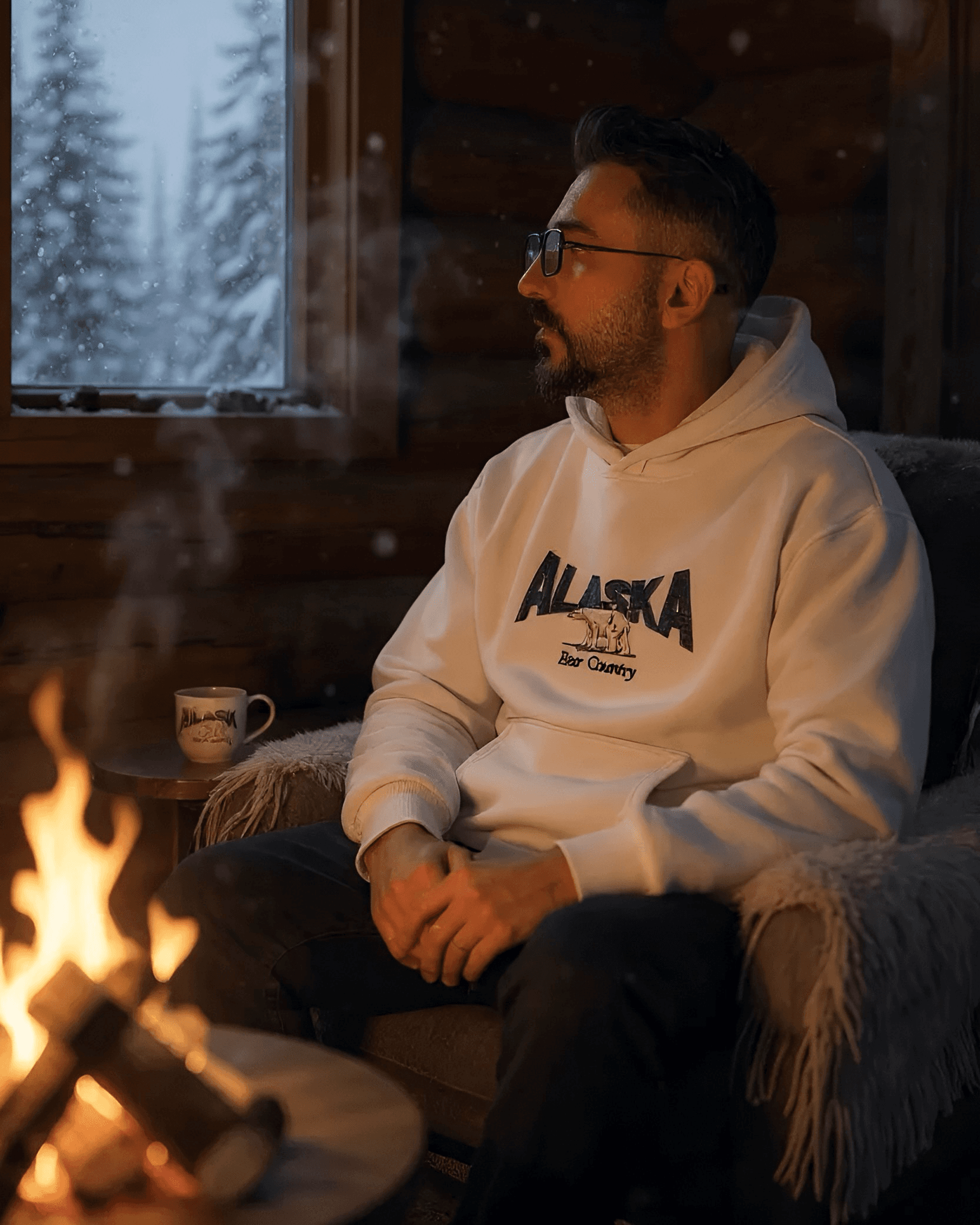 Alaska Nakışlı Beyaz Oversize Erkek Hoodie