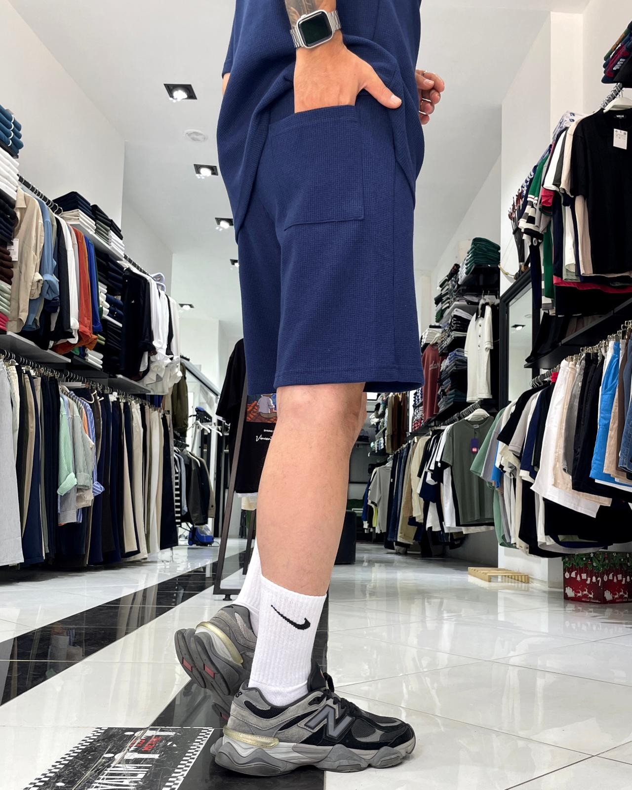Waffle Kumaş Oversize Erkek T-Shirt & Şort İkili Takım - lacivert