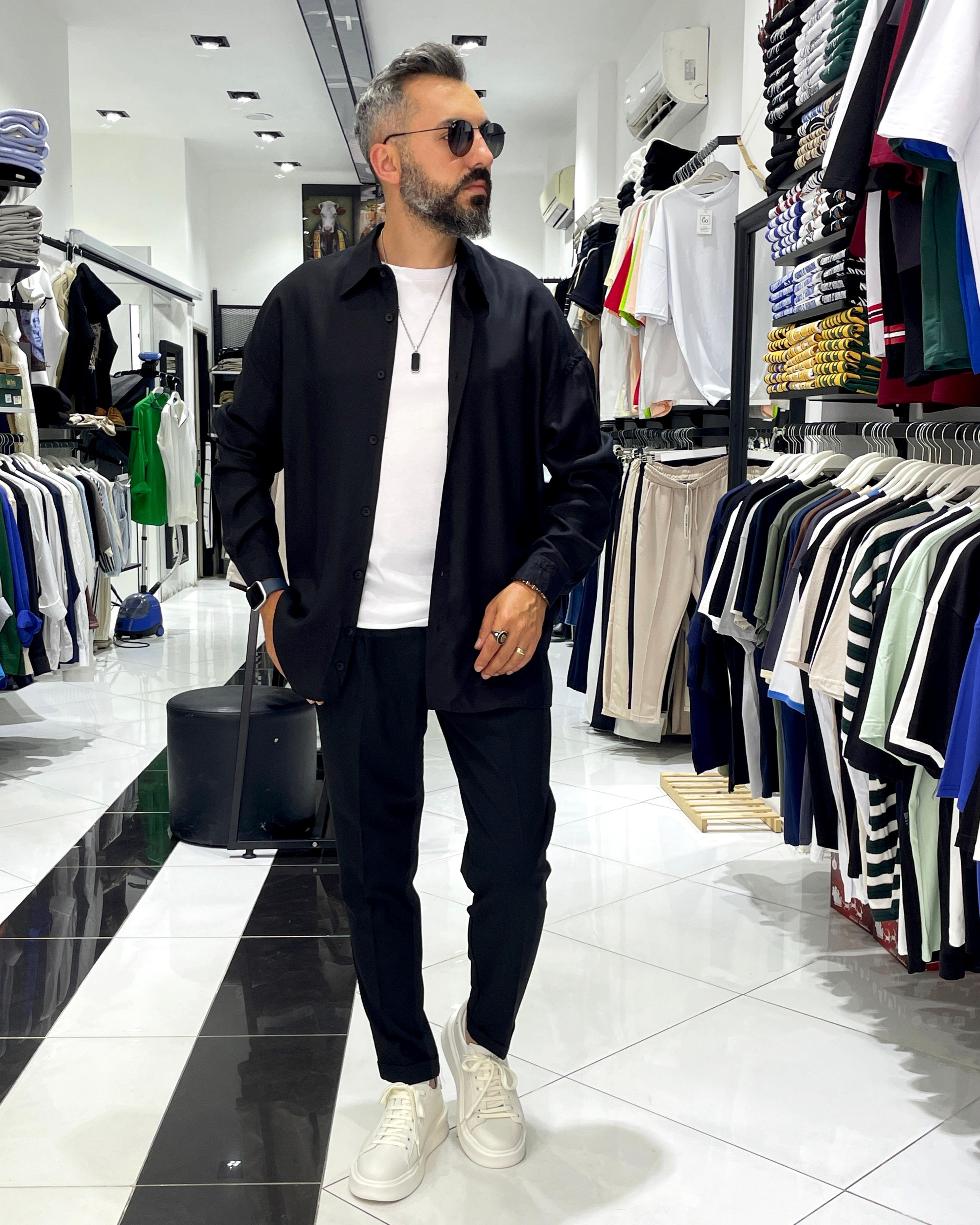 Tensel Kumaş Ekstra Oversize Erkek Gömlek - siyah