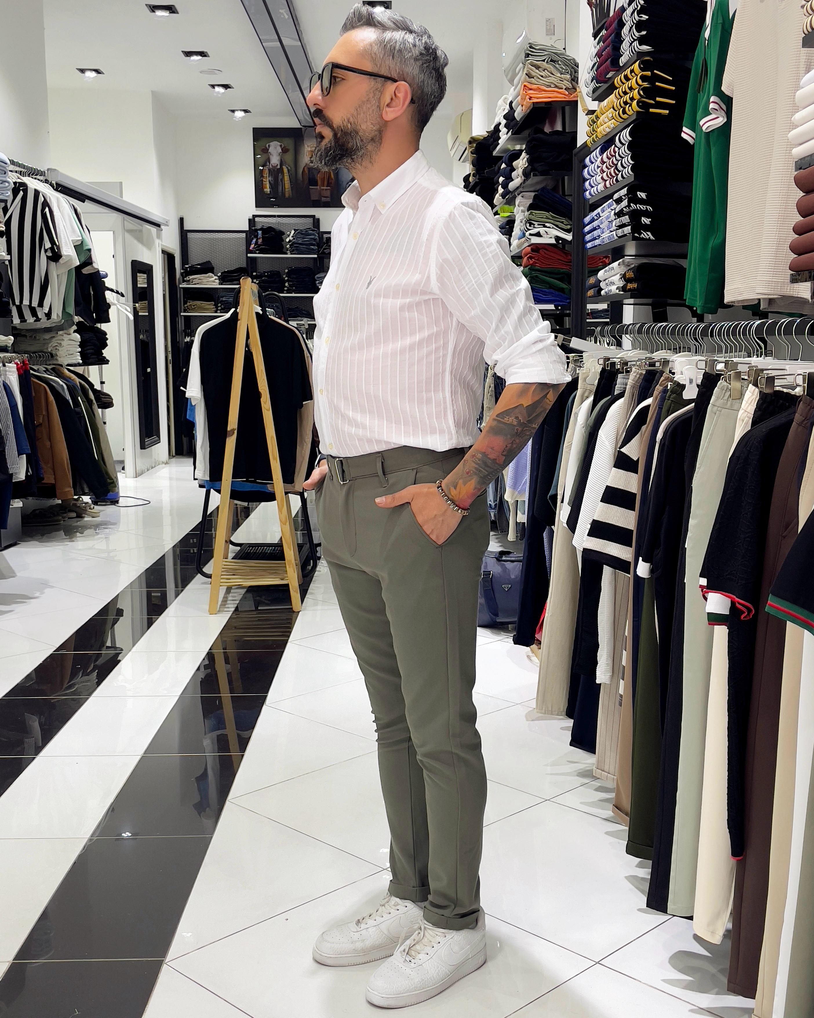 Italian Style Belted Men's Fabric Trousers - Khaki green