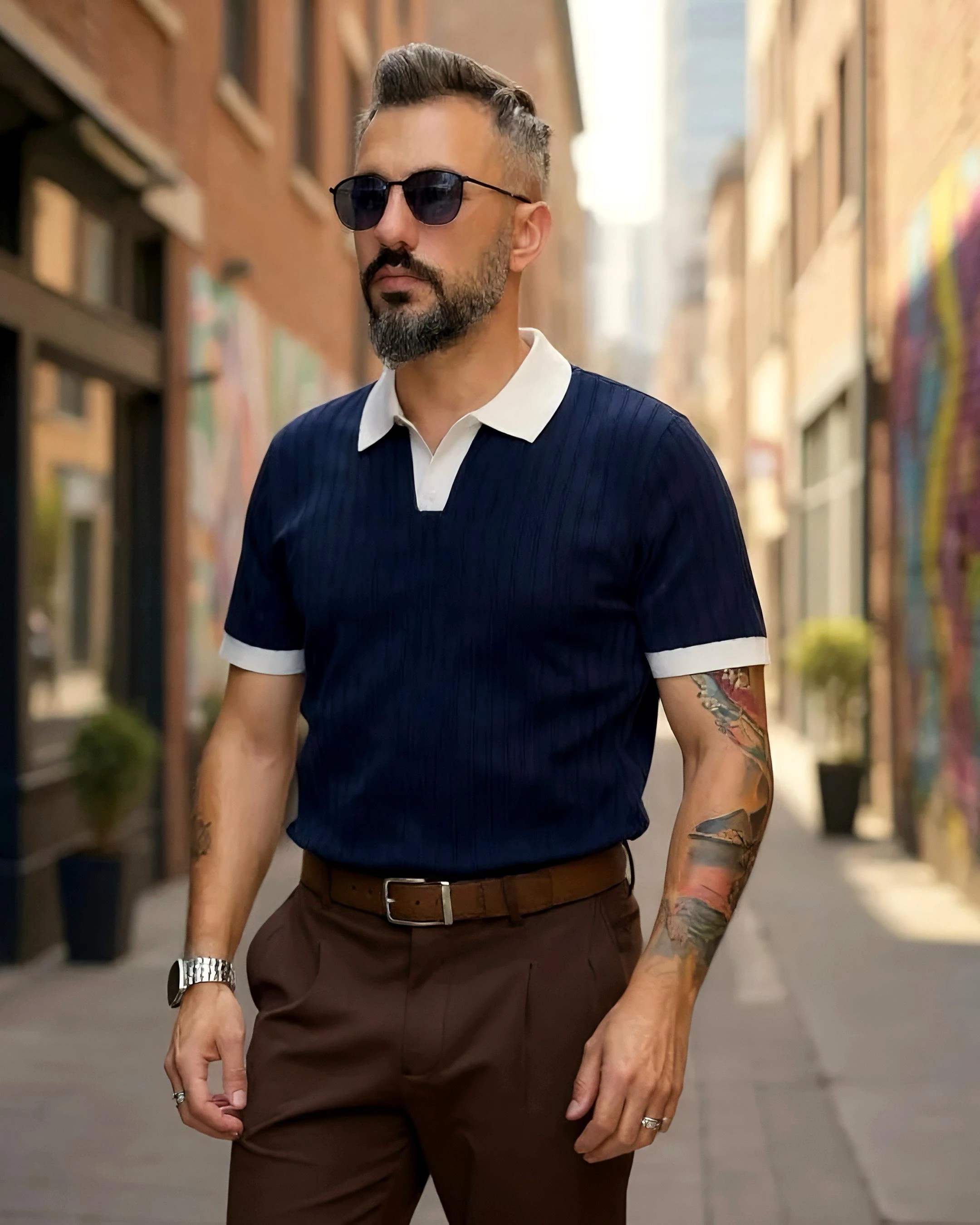 Yaka Detaylı Erkek Triko Polo Yaka T-Shirt - lacivert