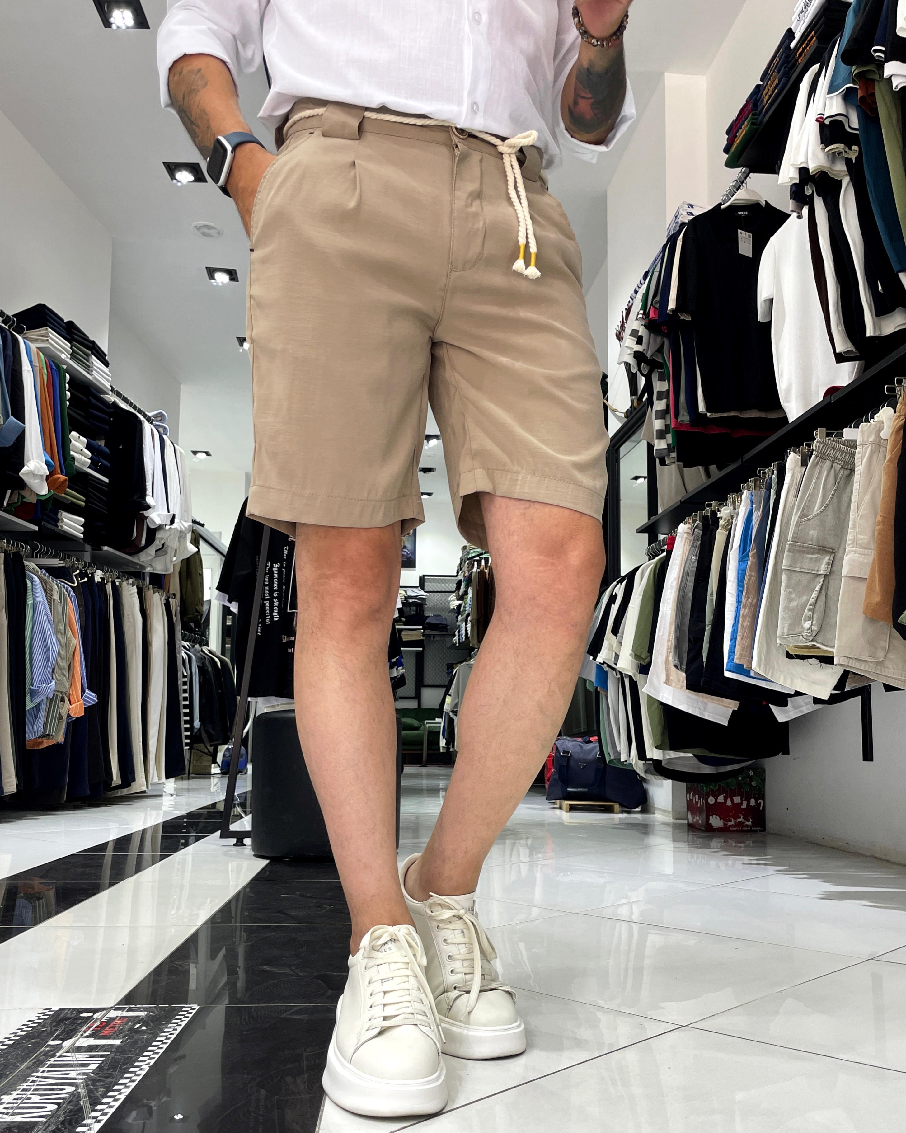 Modal Fabric Belt Detailed Men's Shorts - Beige