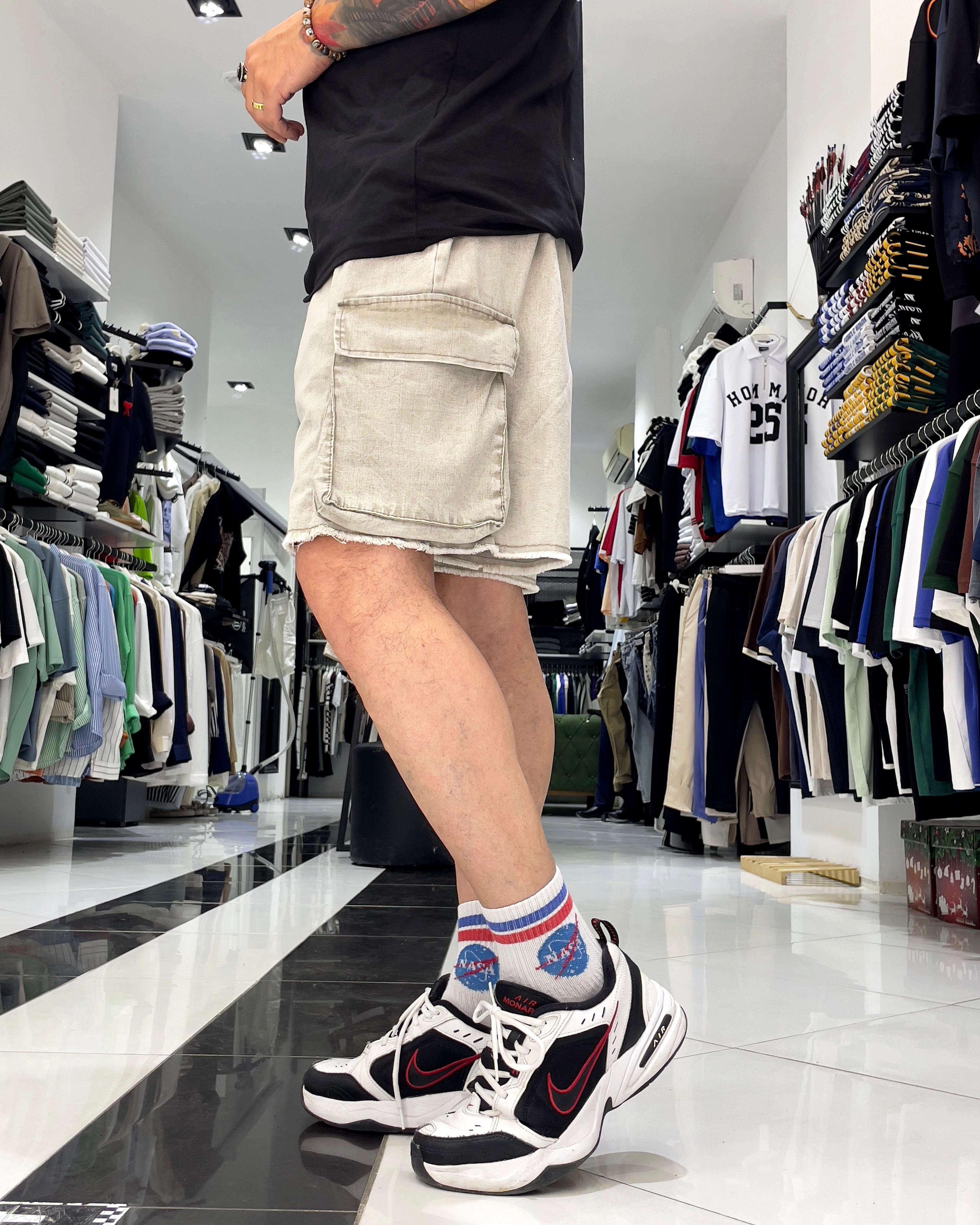 Baggy Fit Organik Denim Erkek Kargo Şort – Higo Man - yıkamalı gri