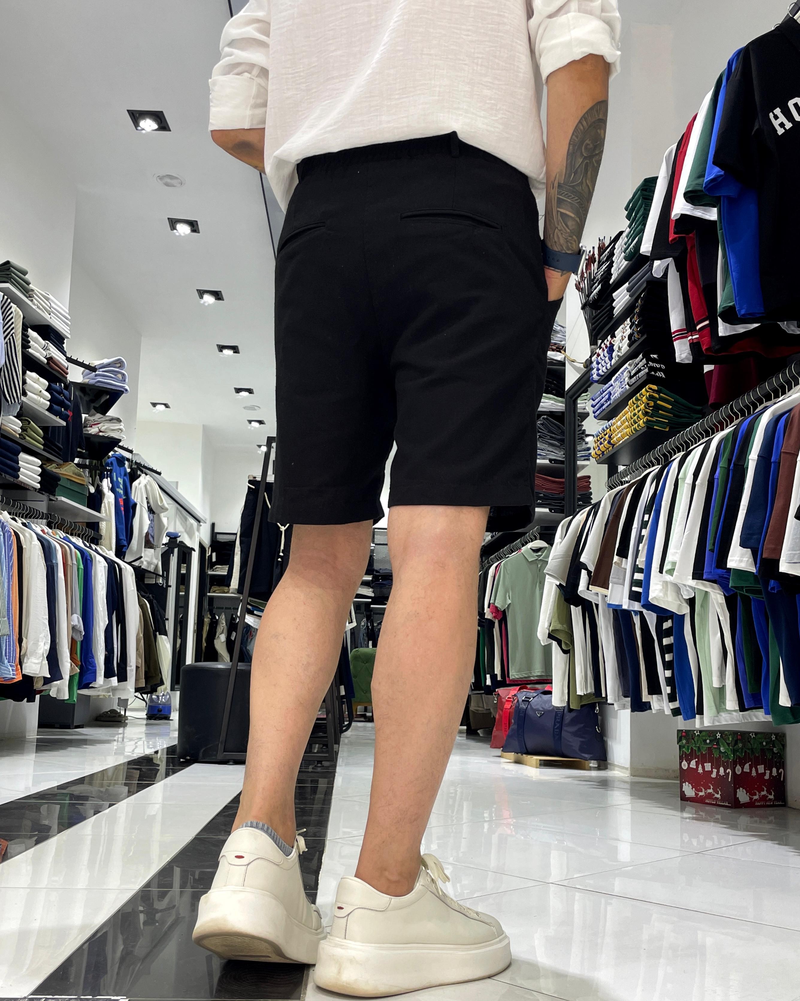 Relaxed Fit Çima Çizgi Detaylı Erkek Keten Pamuk Şort - siyah