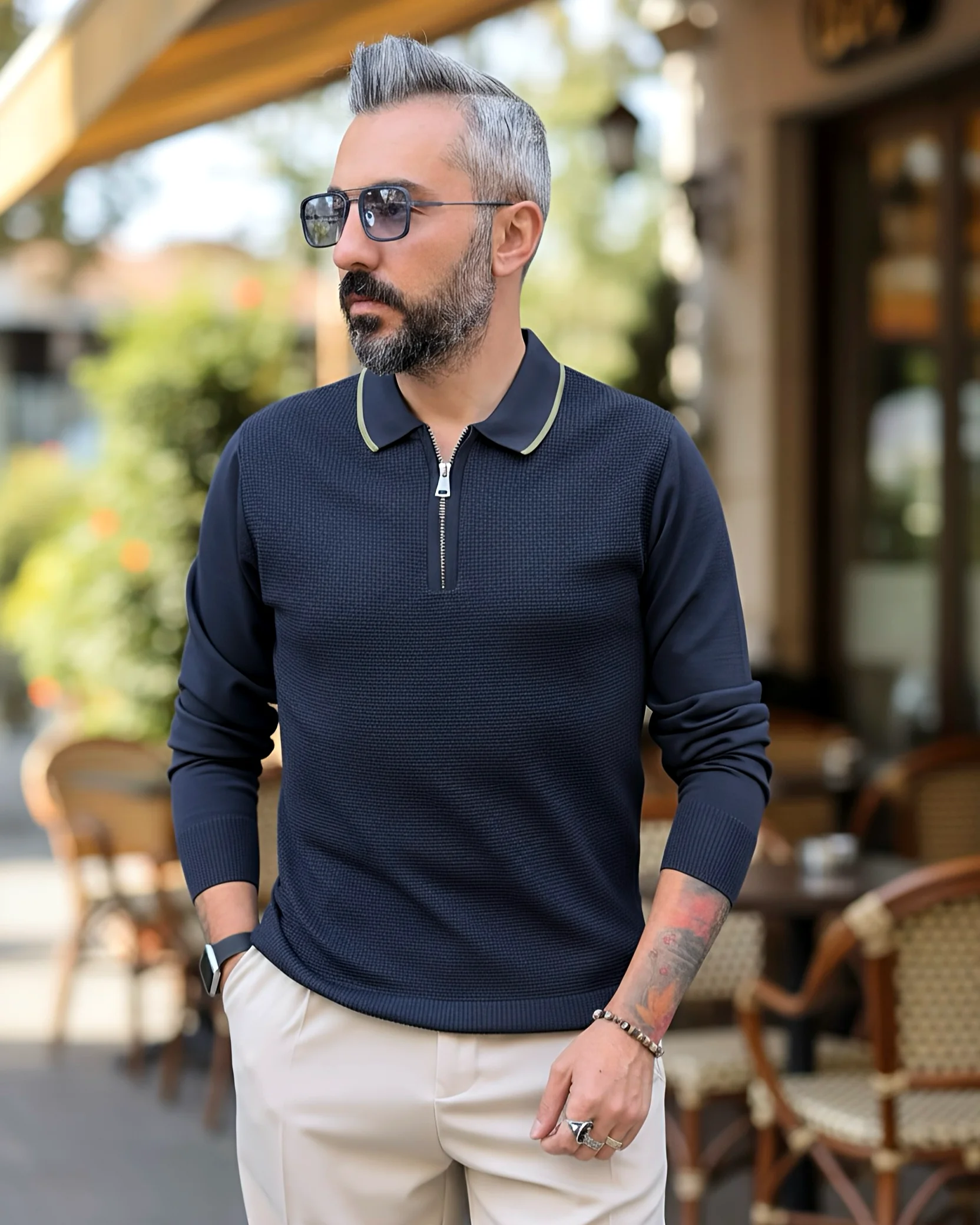 Old Money Erkek Yarım Fermuarlı Triko Kazak - lacivert