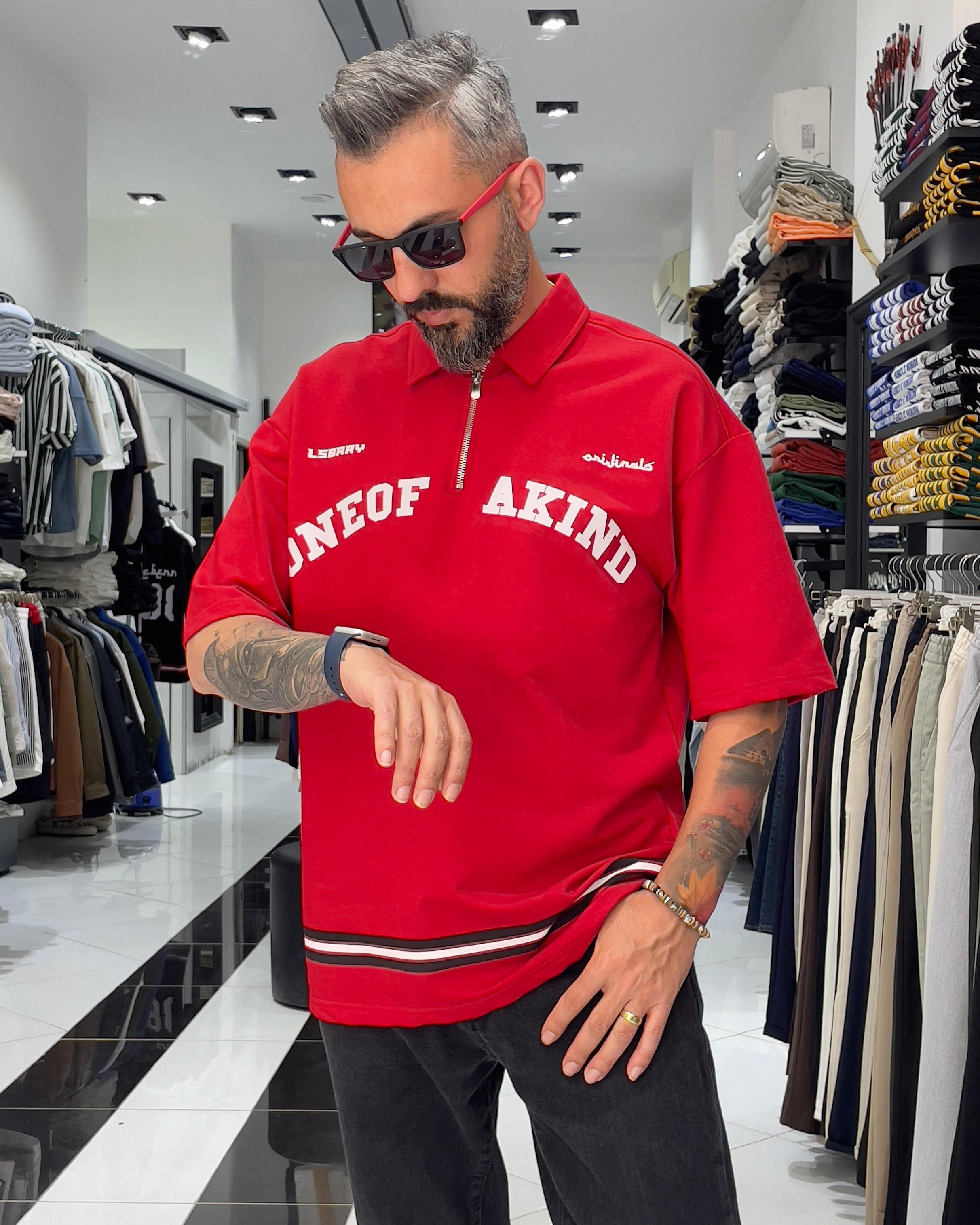 888 Baskılı Oversize Polo Yaka Erkek T-Shirt - kırmızı