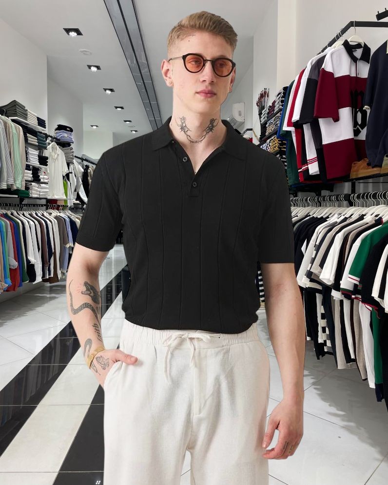 Dikey Desenli Triko Polo Yaka Erkek T-Shirt - siyah