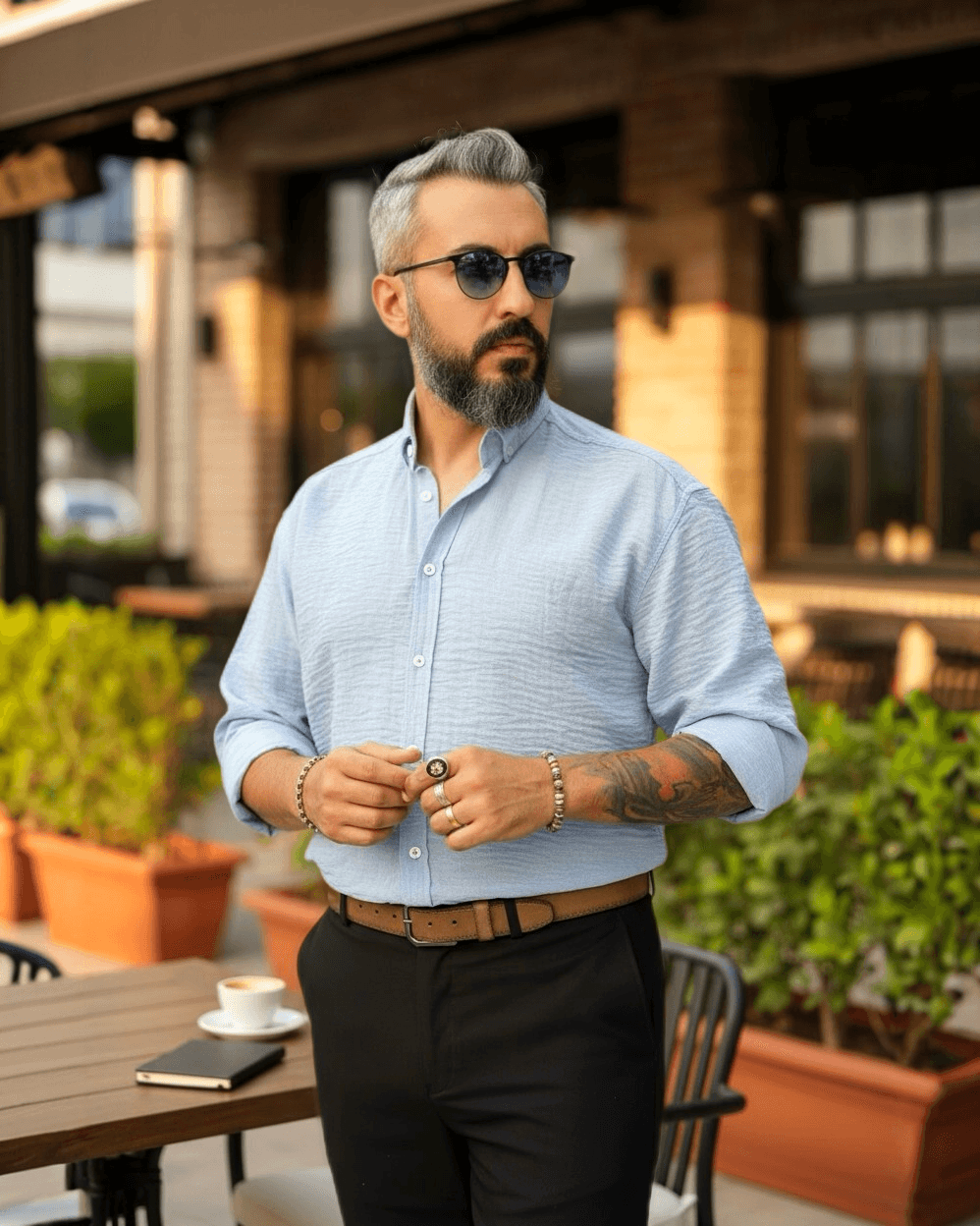 Müslin Kumaş Basic Düğmeli Erkek Gömlek - mavi