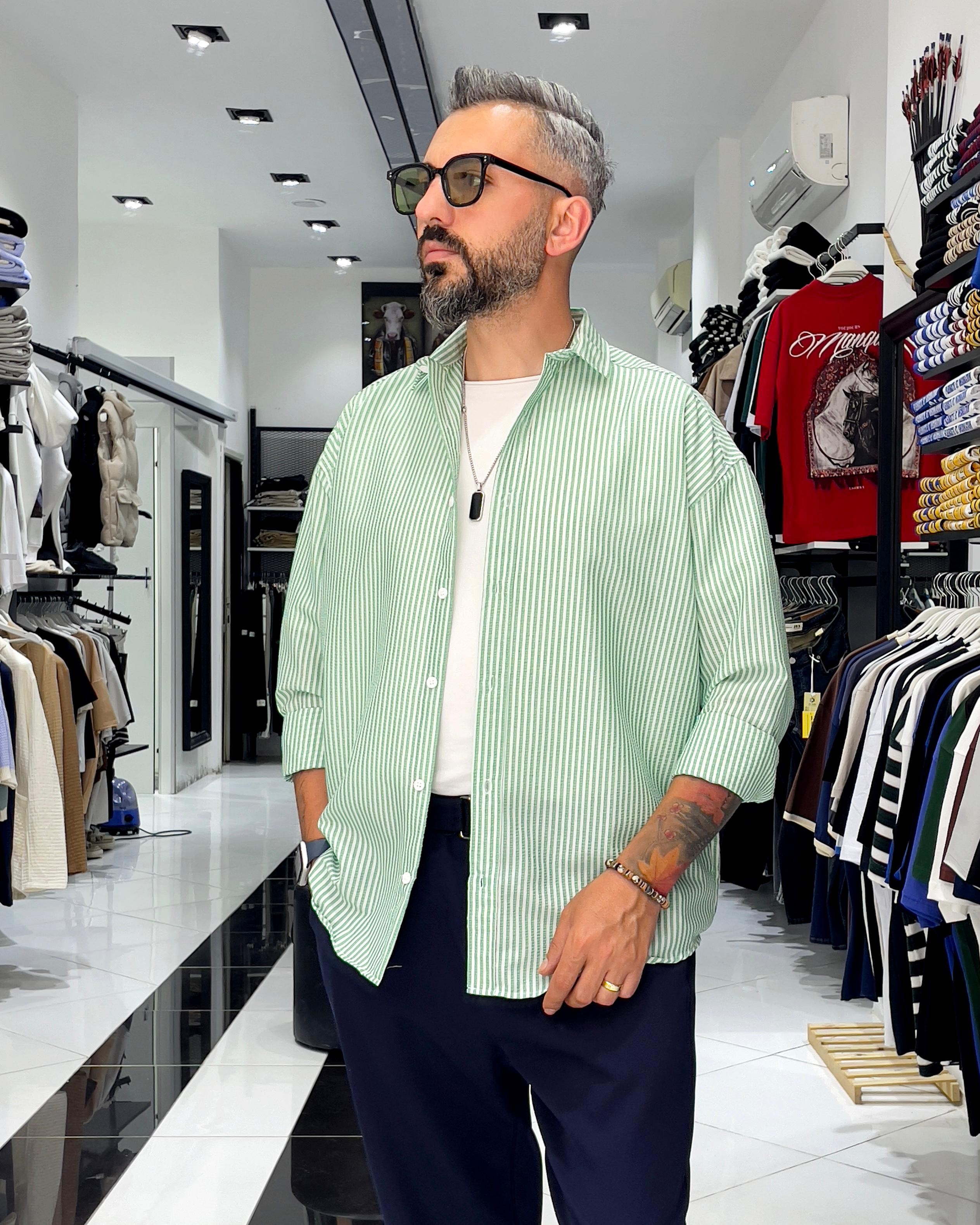 Gofre Kumaş Çizgili Oversize Erkek Gömlek - yeşil