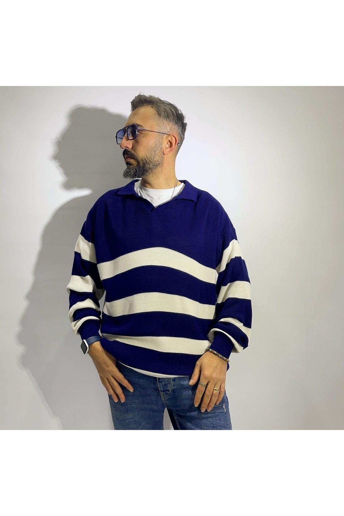 Oversize Erkek Polo Yaka Çizgili Kazak - lacivert