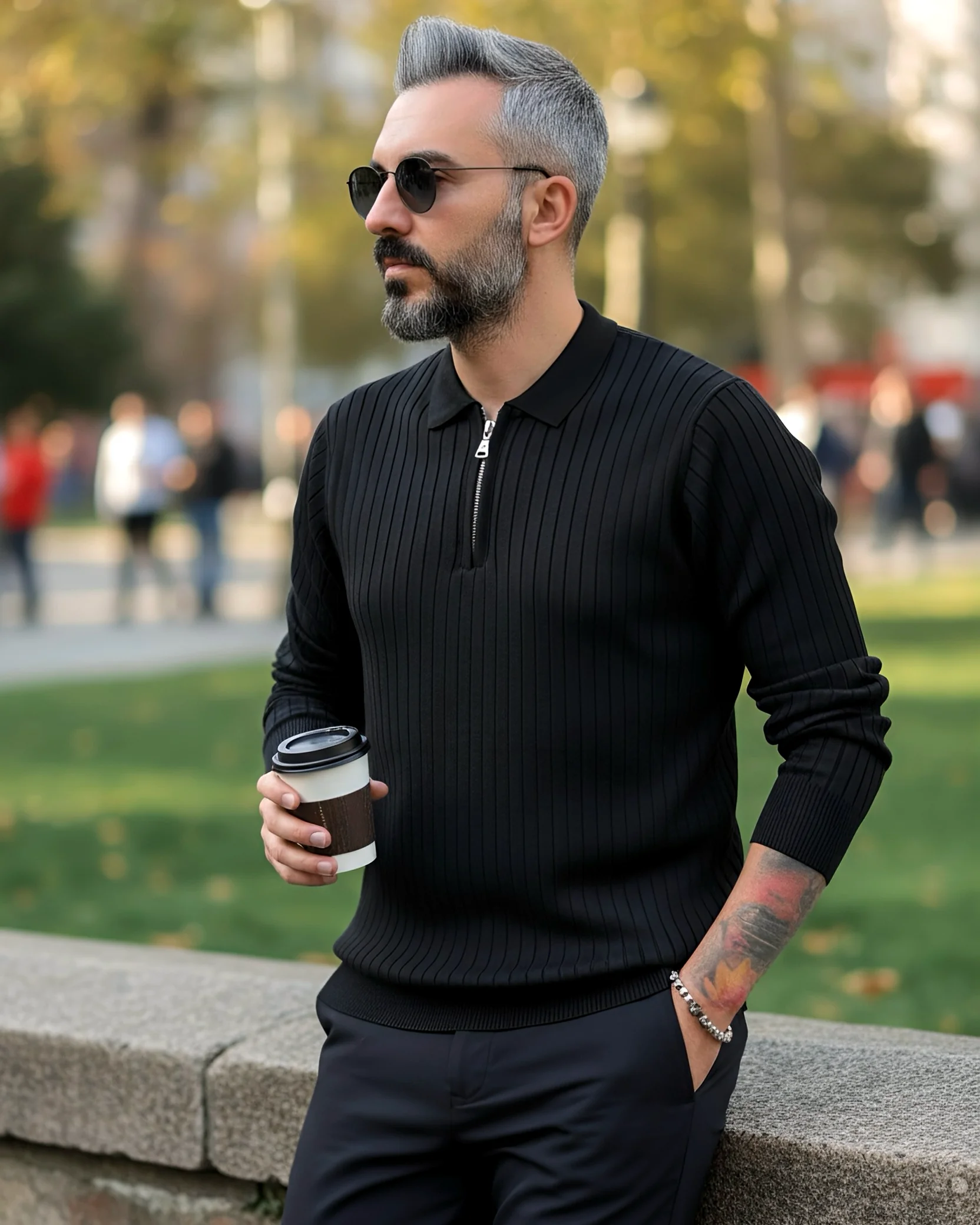 Espresso Line Old Money Erkek Triko Yarım Fermuarlı Polo Kazak - siyah