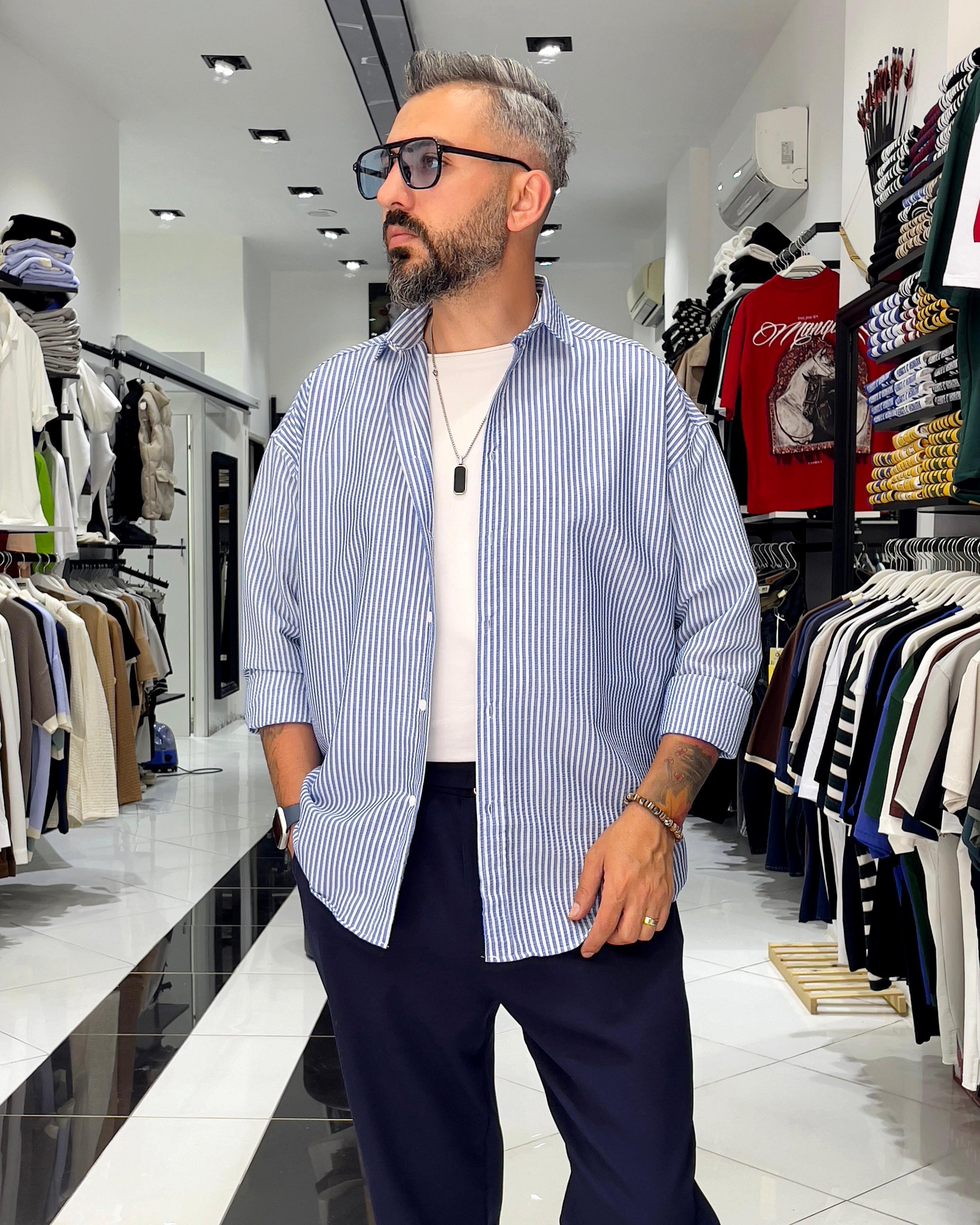 Gofre Kumaş Çizgili Oversize Erkek Gömlek - mavi