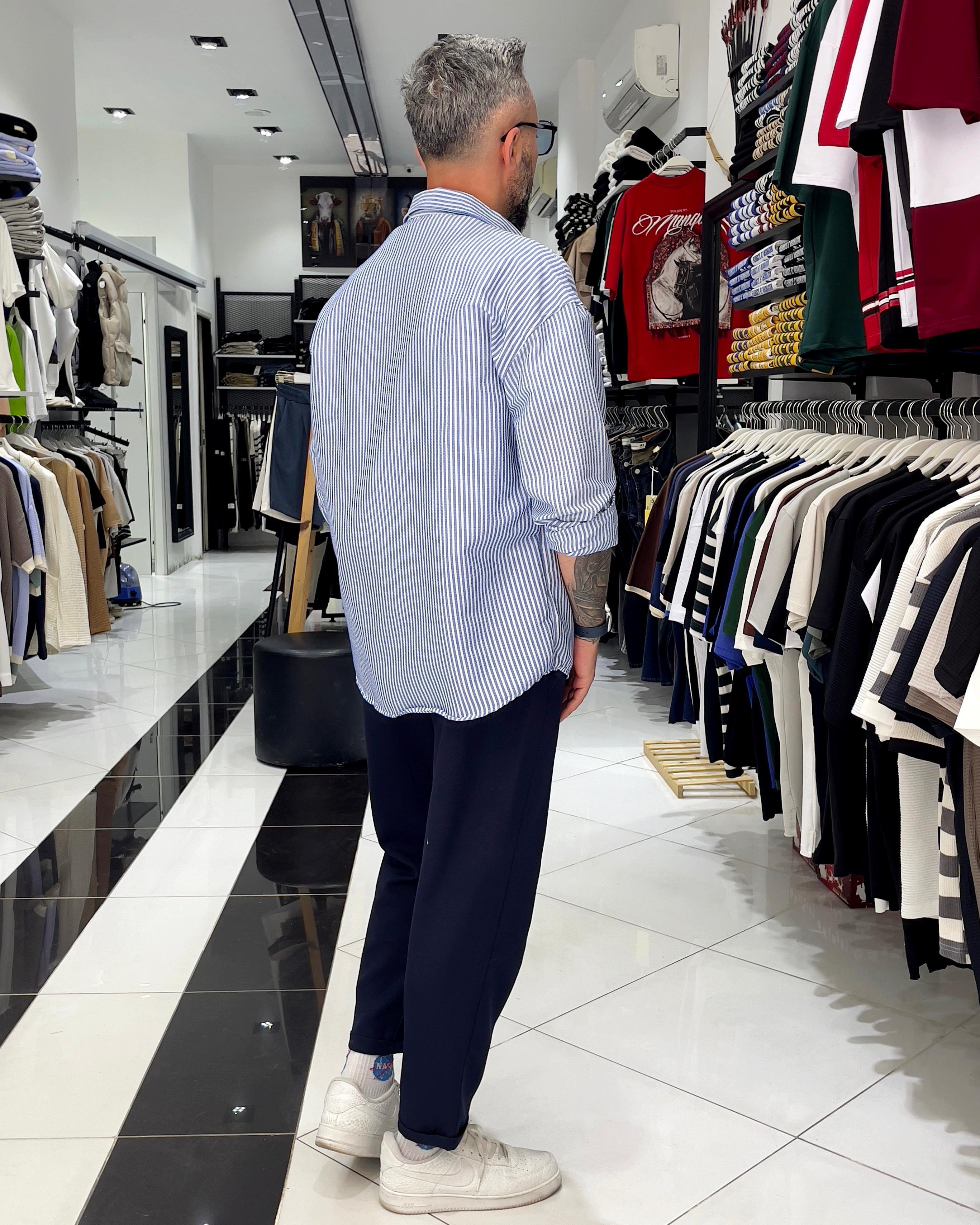 Gofre Kumaş Çizgili Oversize Erkek Gömlek - mavi
