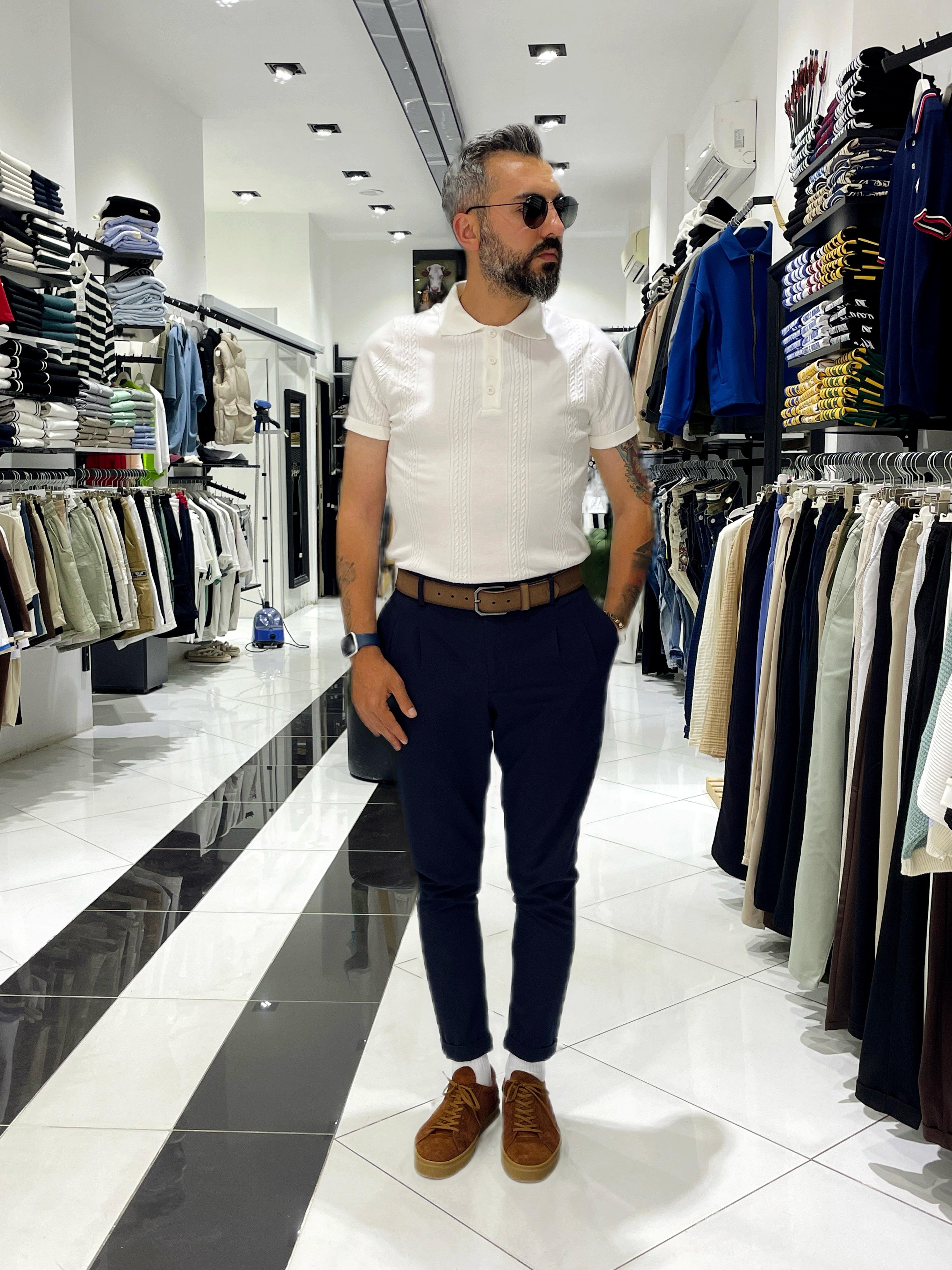 Old Money Erkek Triko Polo Yaka T-Shirt Beyaz