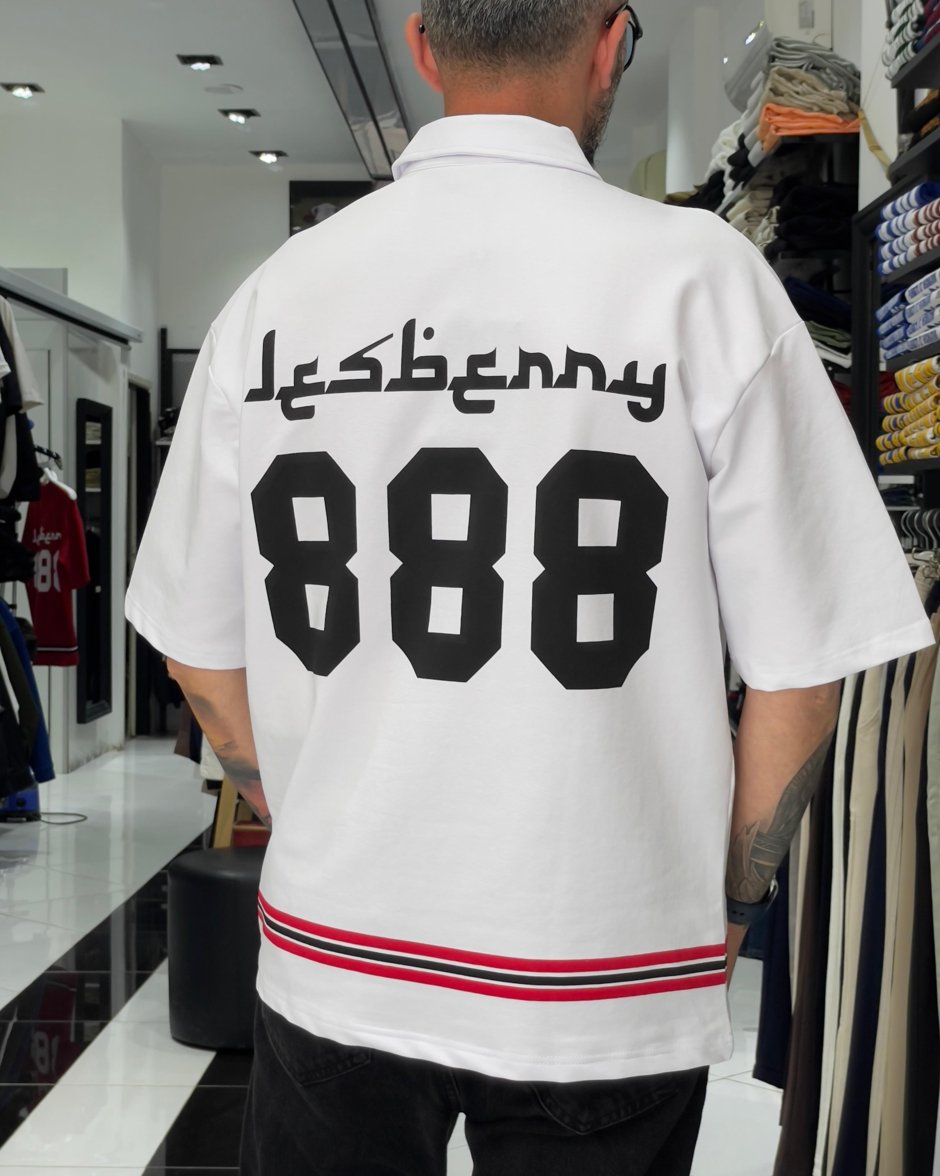 888 Baskılı Oversize Polo Yaka Erkek T-Shirt - beyaz