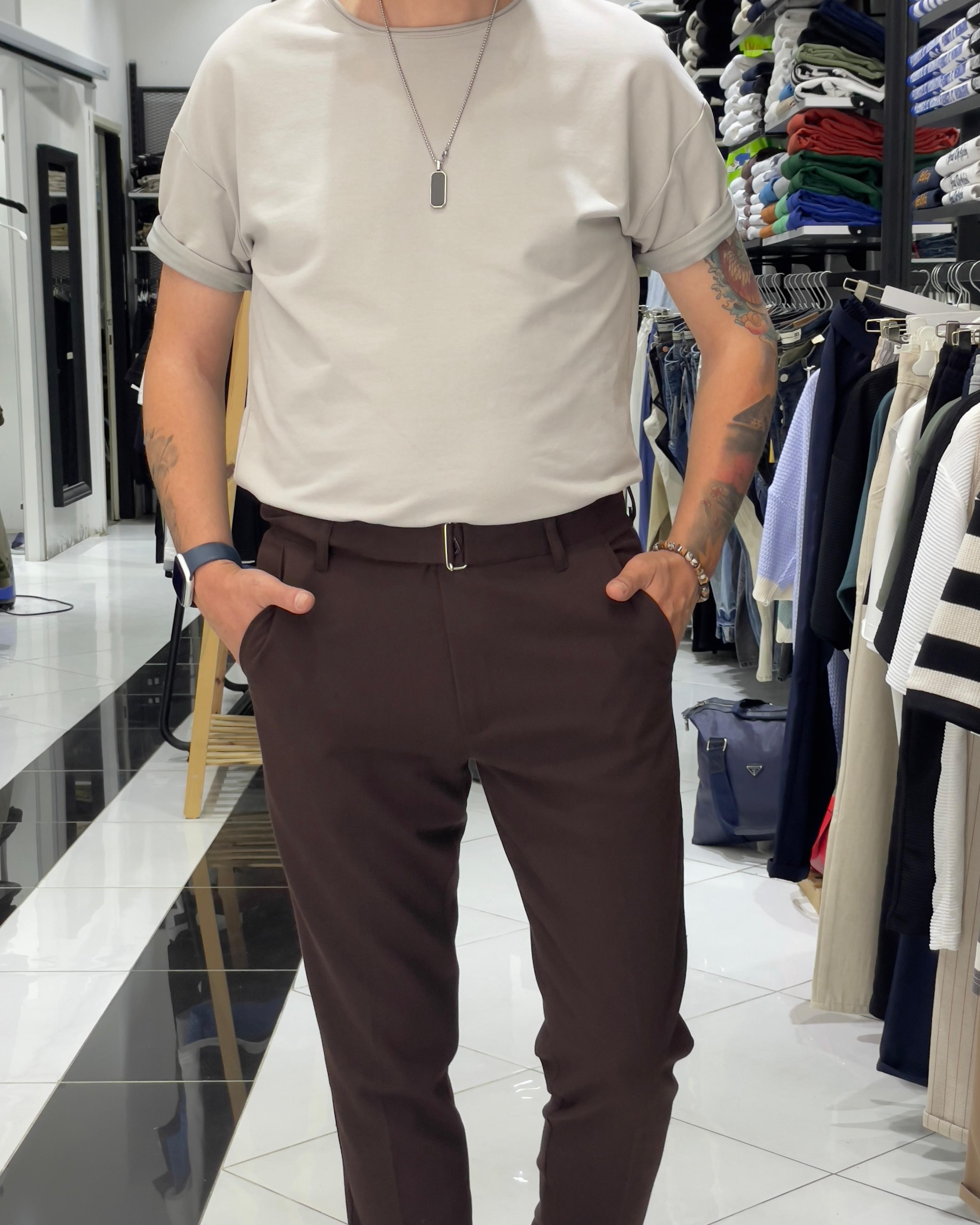 Italian Style Belted Men's Fabric Trousers - Brown