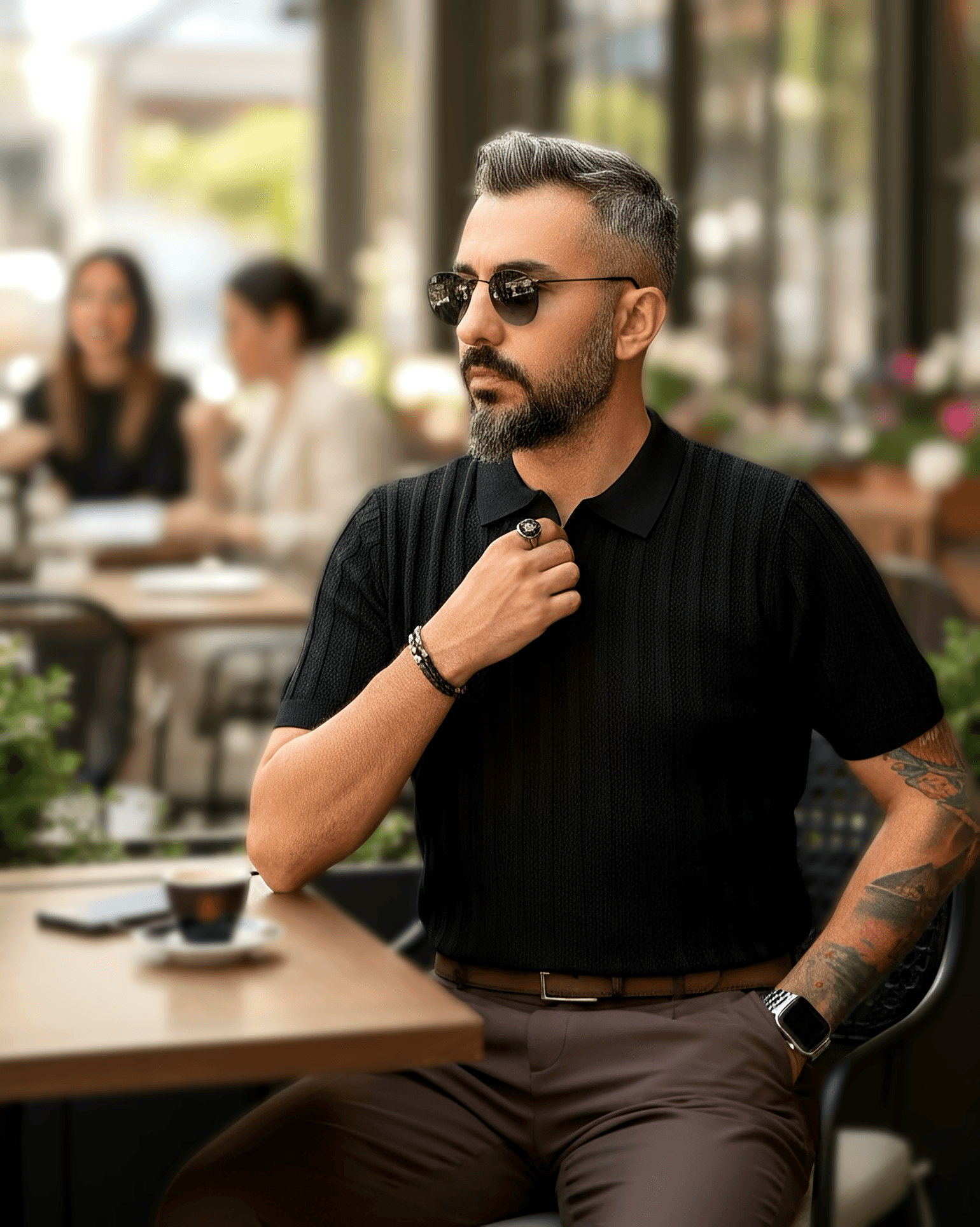 Yaka Detaylı Triko Polo Yaka Erkek T-Shirt - siyah