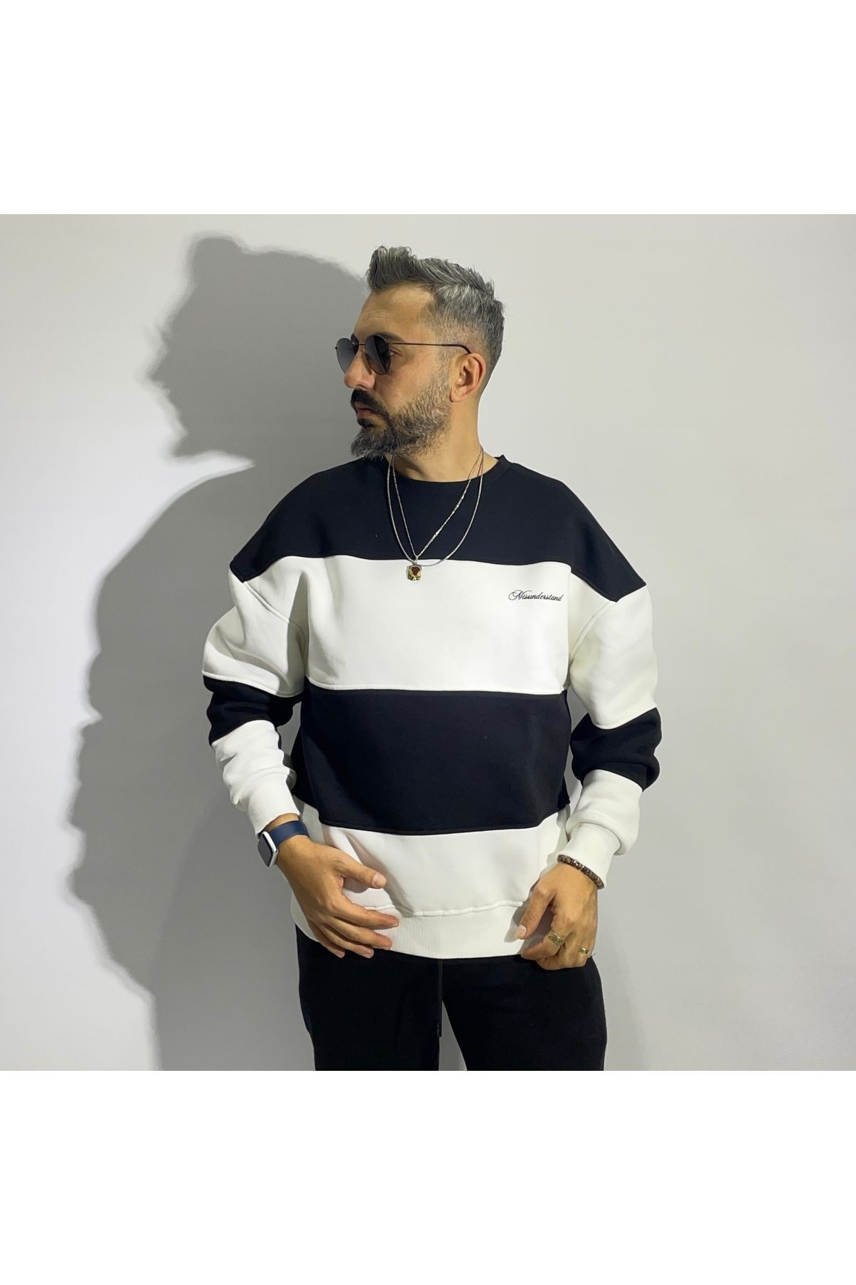Siyah Beyaz Blok Detaylı Erkek Oversize Sweatshirt
