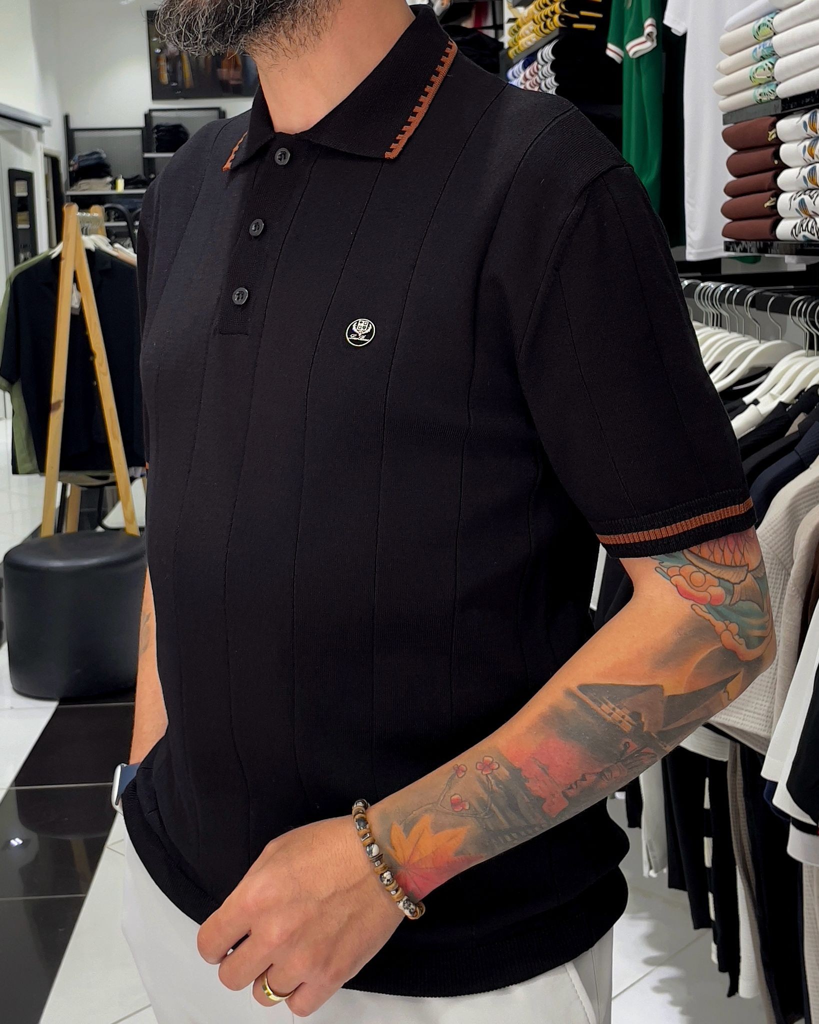 Yaka Ve Kol Detaylı Triko Polo Yaka Erkek T-Shirt