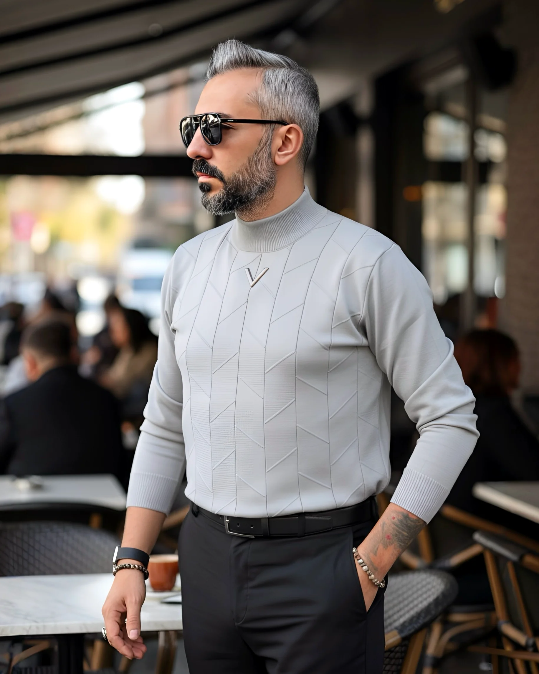 Yarım Balıkçı Desenli Triko Erkek Kazak - gri