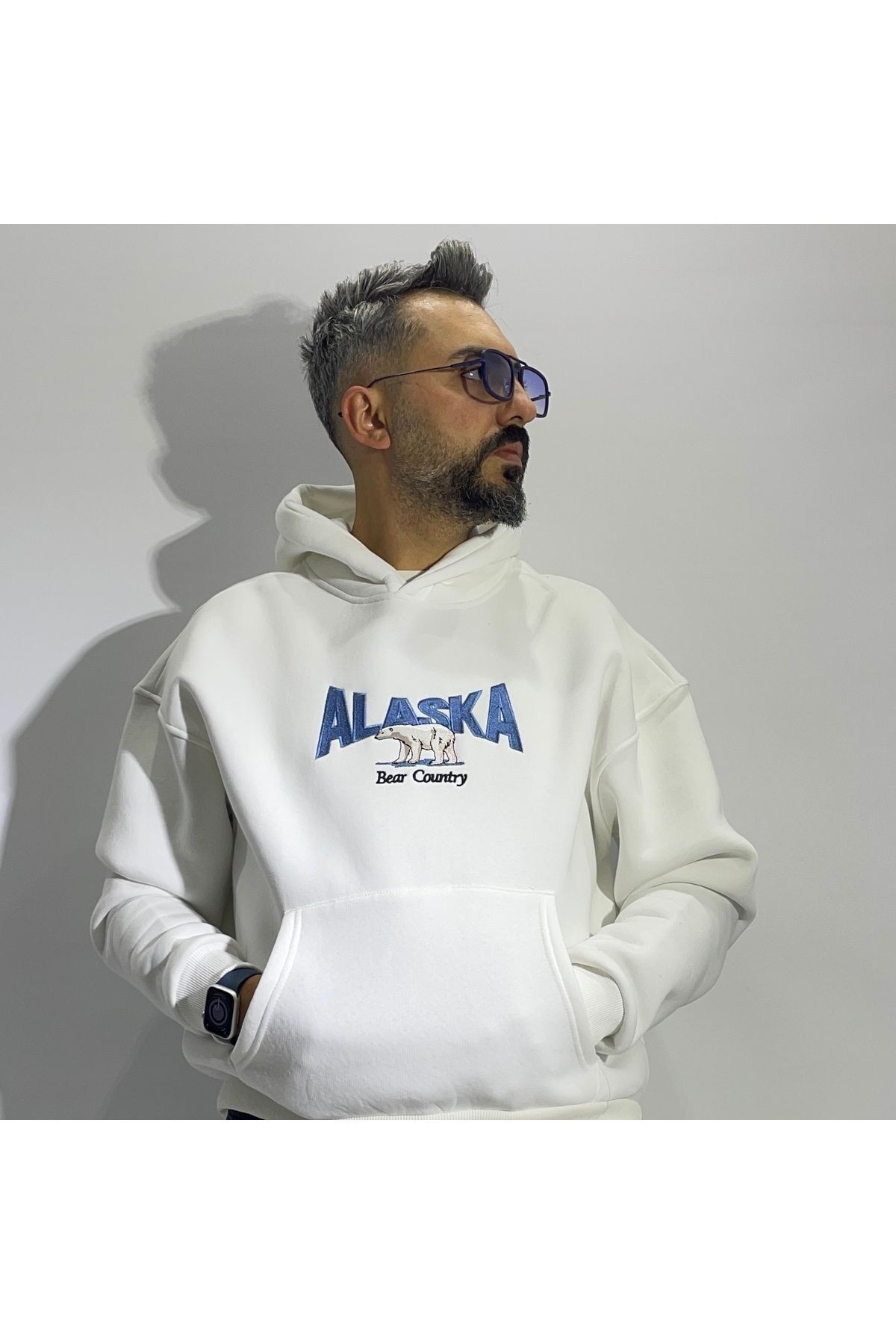 Alaska Nakış Detaylı Oversize Beyaz Hoodie