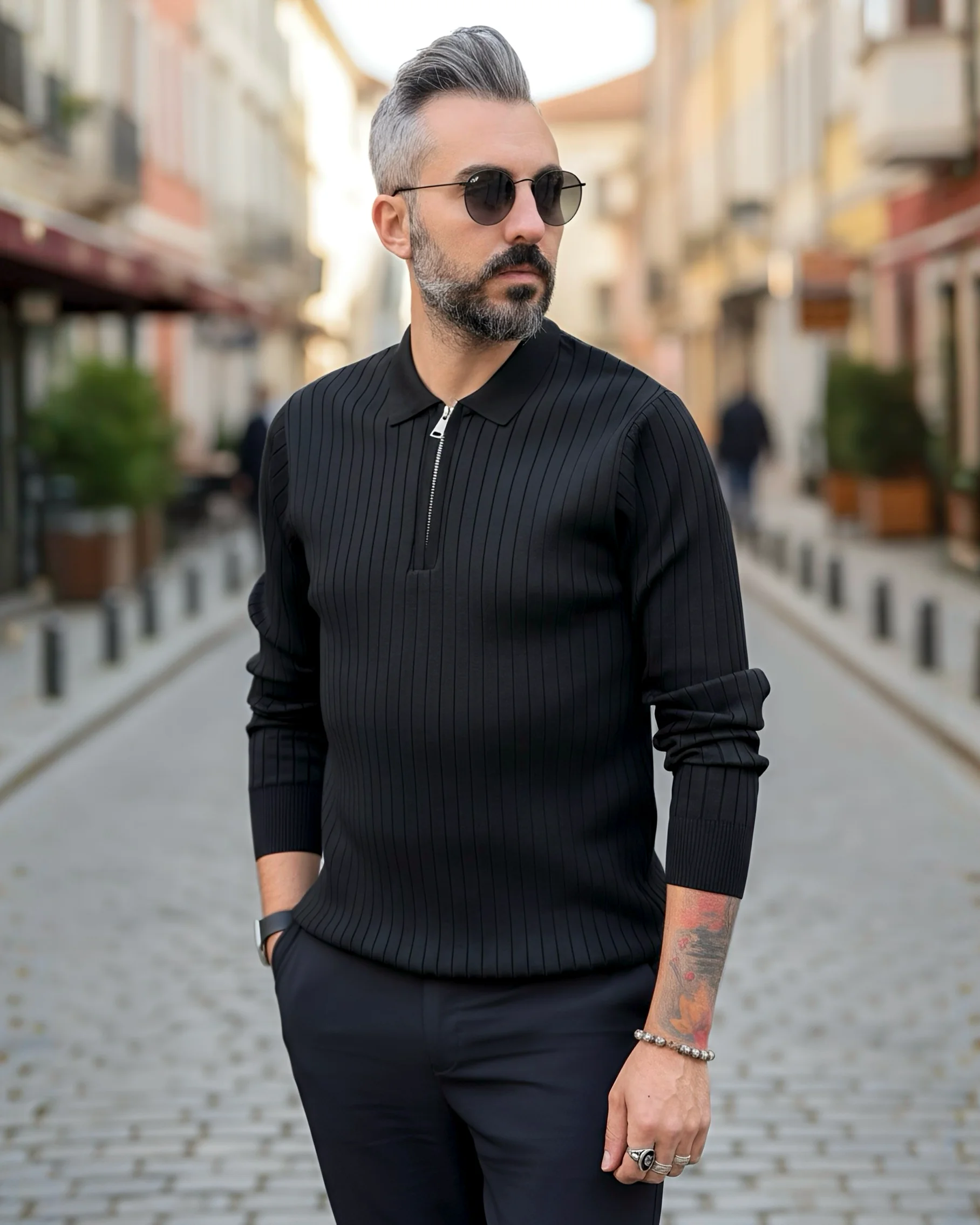 Espresso Line Old Money Erkek Triko Yarım Fermuarlı Polo Kazak - siyah