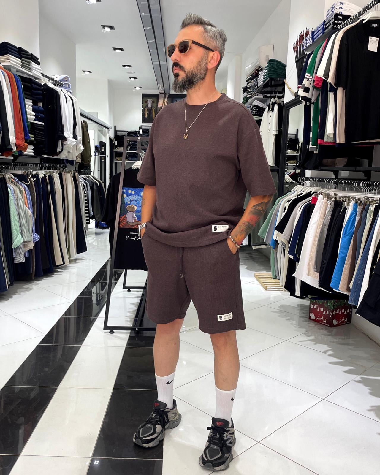 Waffle Kumaş Oversize Erkek T-Shirt & Şort İkili Takım - kahve