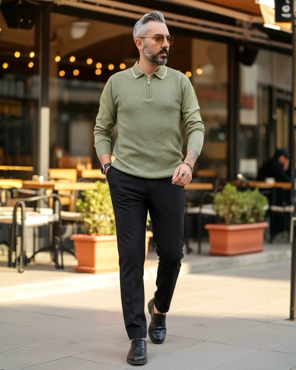 Old Money Erkek Yarım Fermuarlı Triko Kazak - yeşil