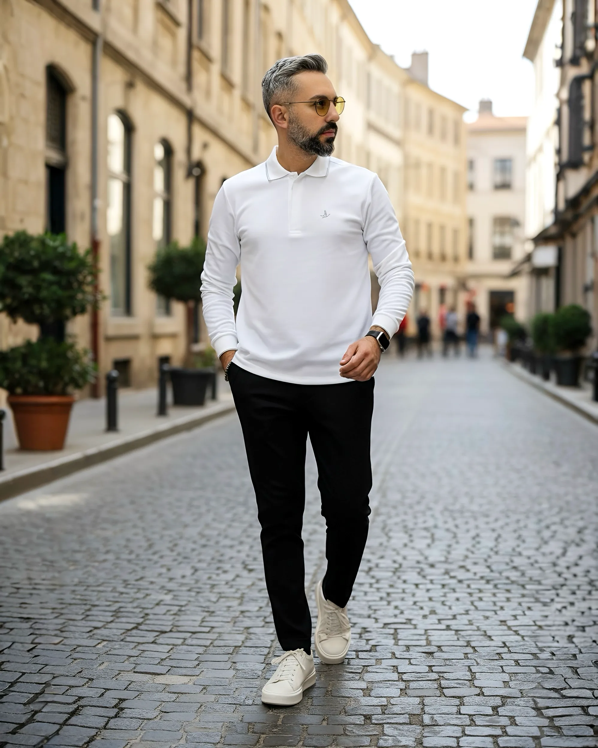 Uzun Kollu  Yarım Fermuarlı Pike Kumaş Erkek Polo - beyaz