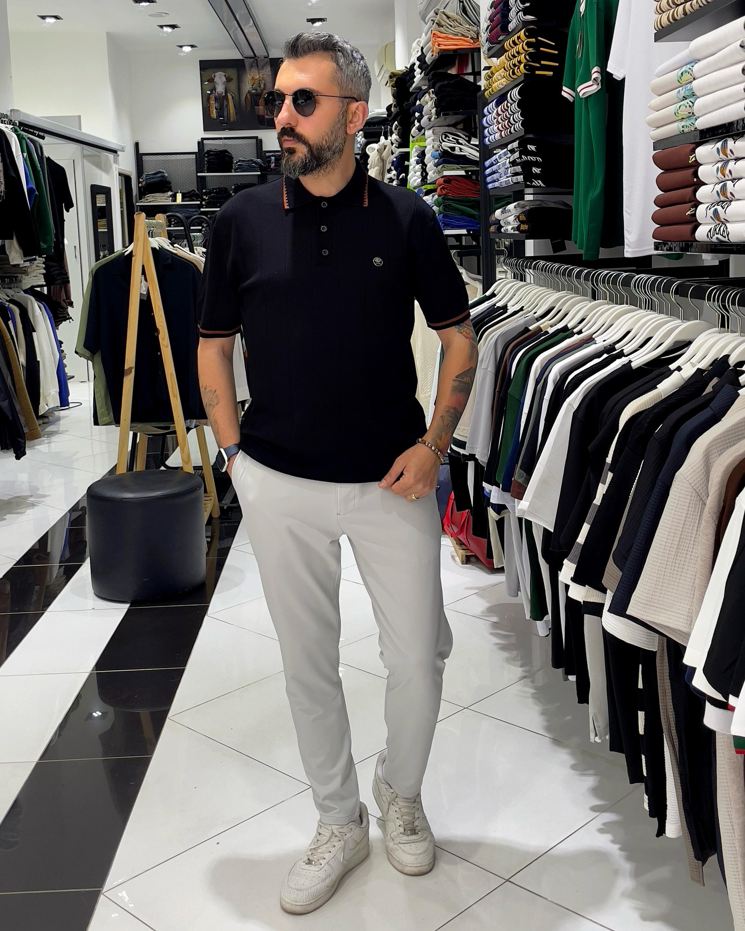 Yaka Ve Kol Detaylı Triko Polo Yaka Erkek T-Shirt