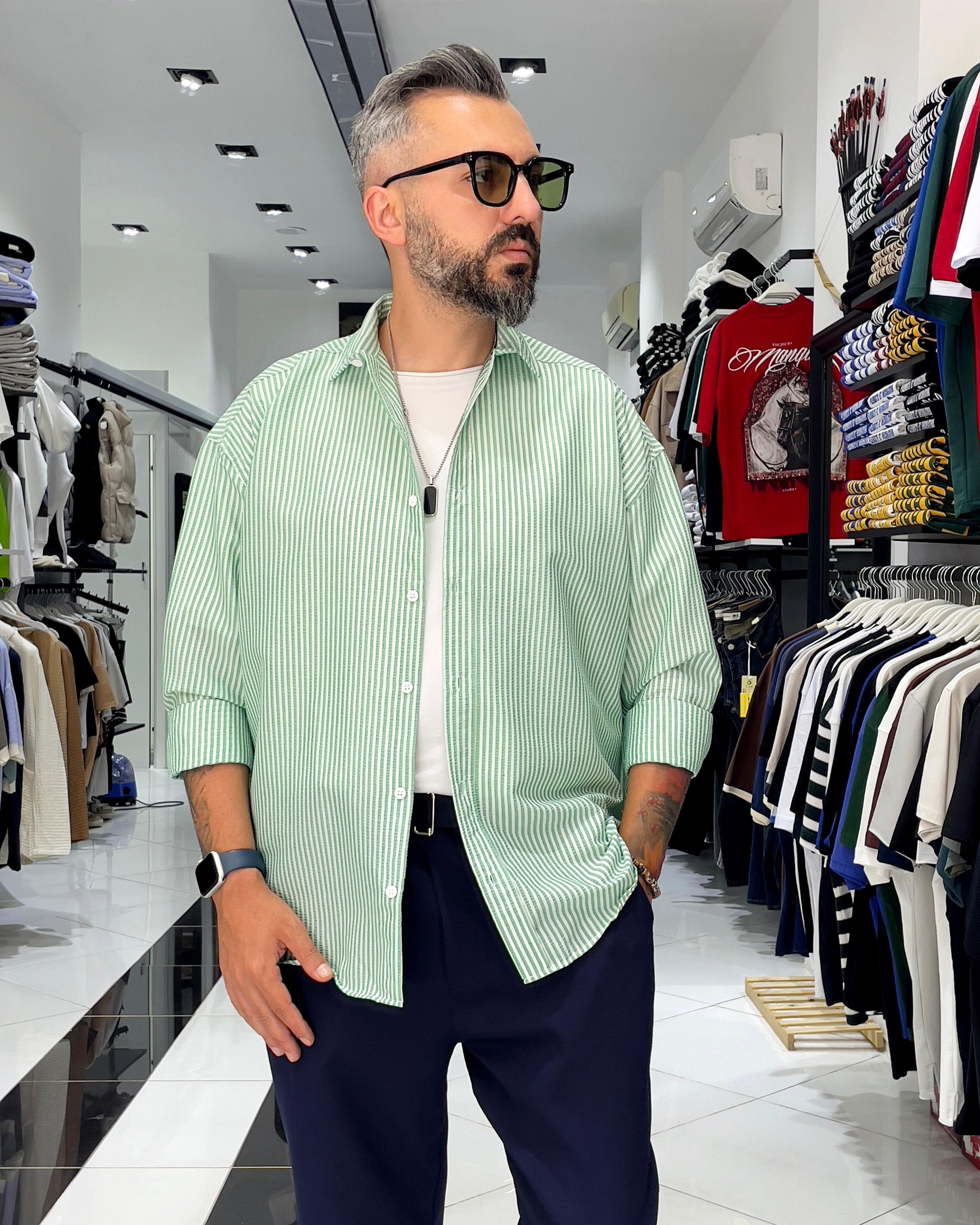 Gofre Kumaş Çizgili Oversize Erkek Gömlek - yeşil