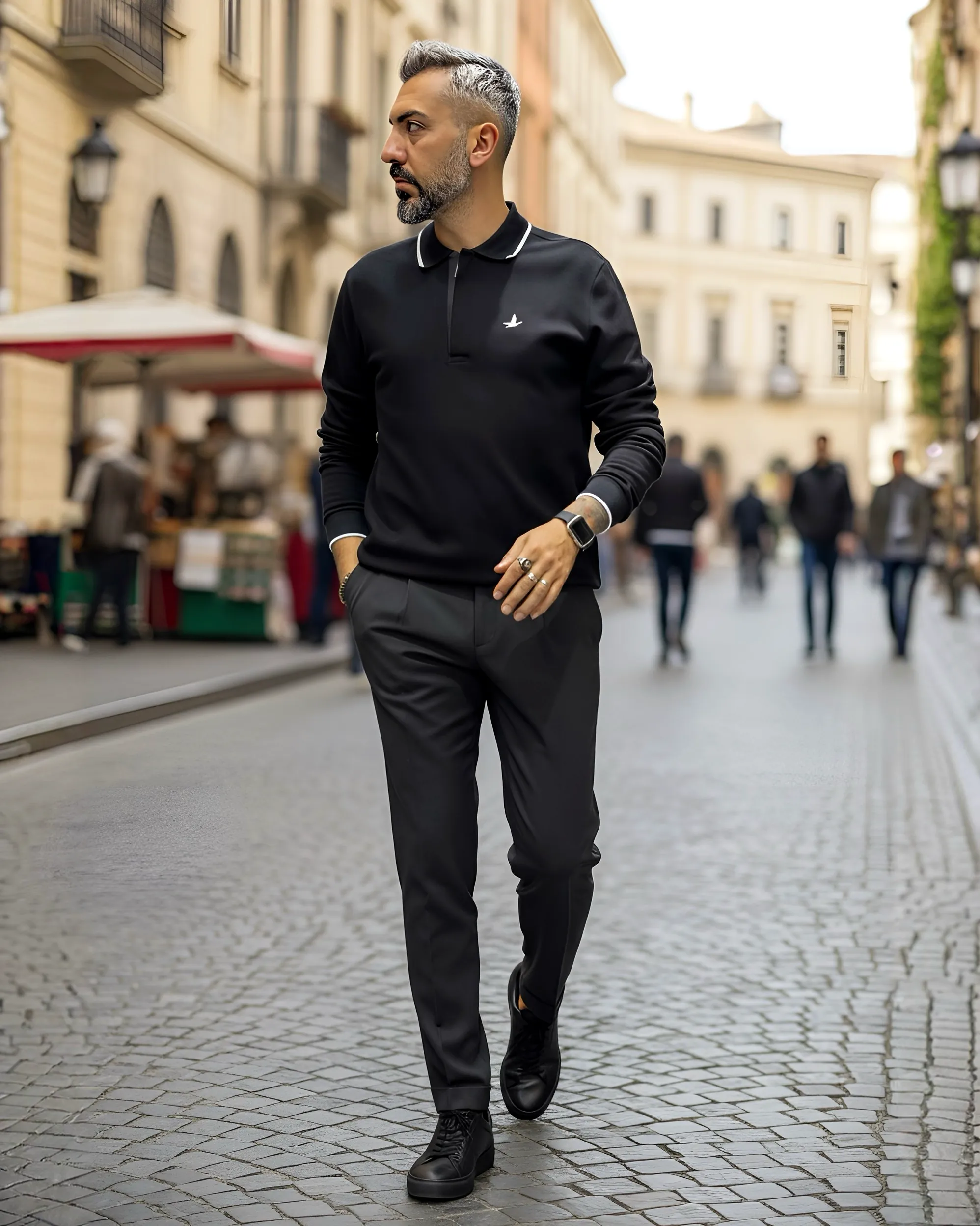 Uzun Kollu  Yarım Fermuarlı Pike Kumaş Erkek Polo - siyah