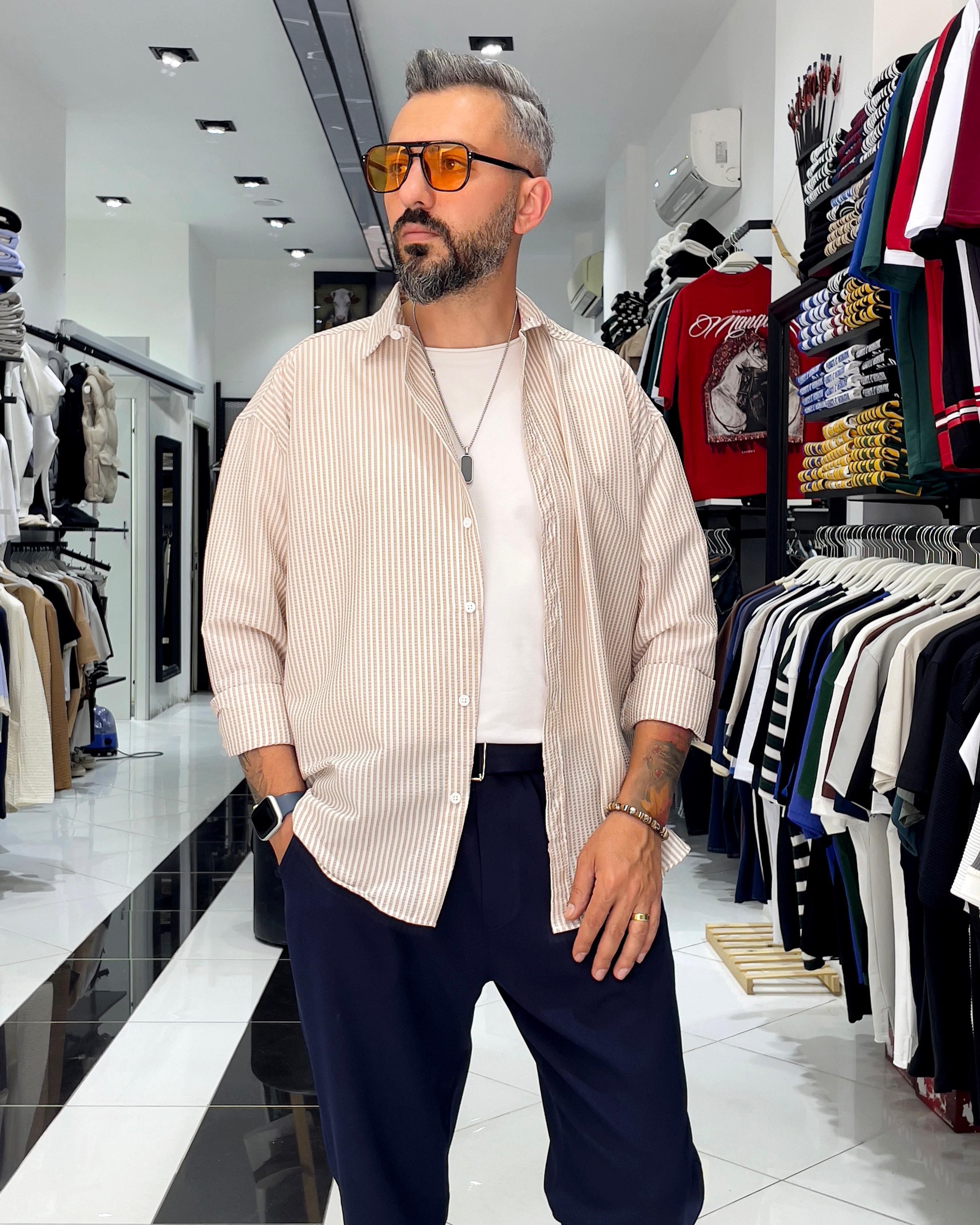 Gofre Kumaş Çizgili Oversize Erkek Gömlek
