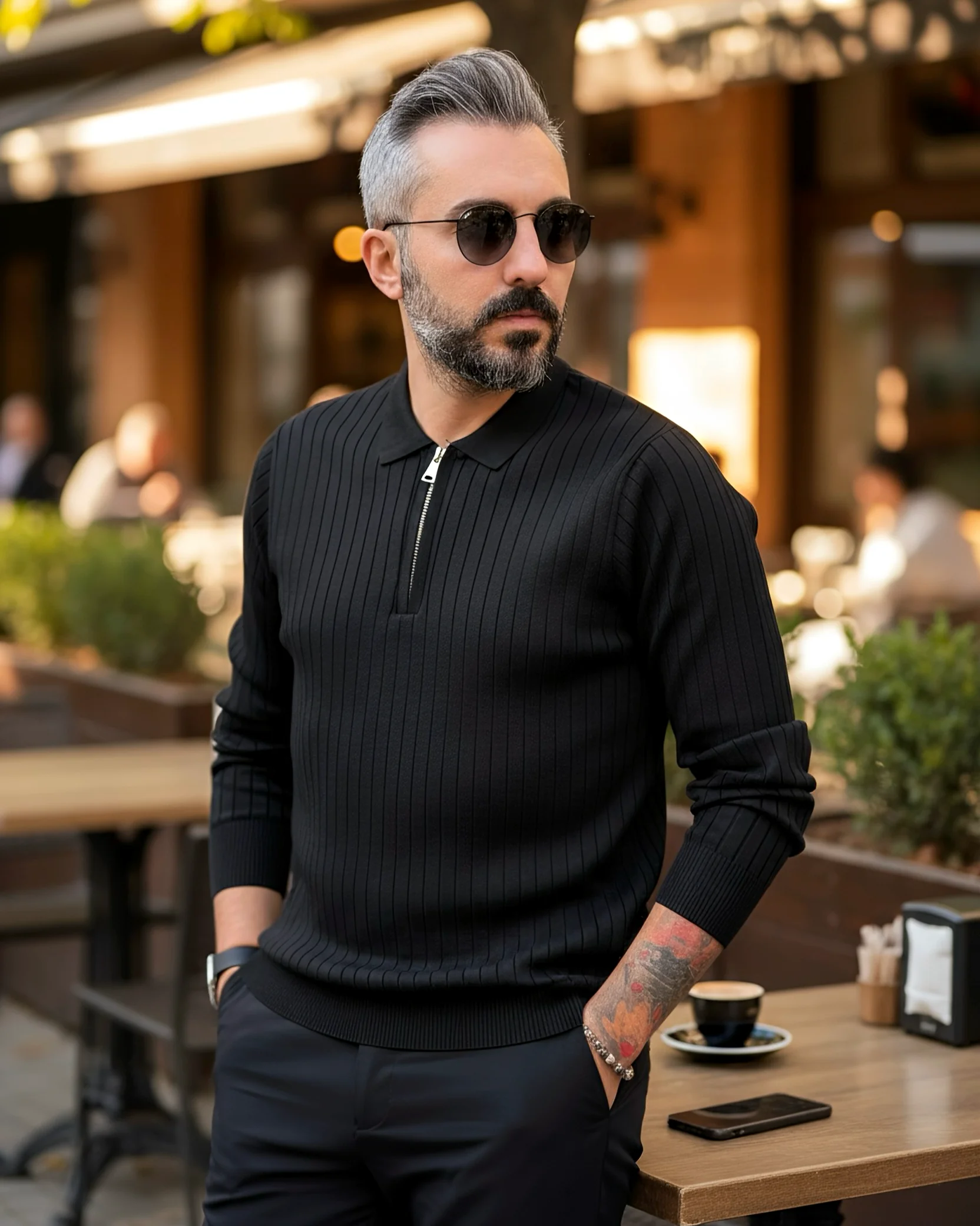 Espresso Line Old Money Erkek Triko Yarım Fermuarlı Polo Kazak - siyah