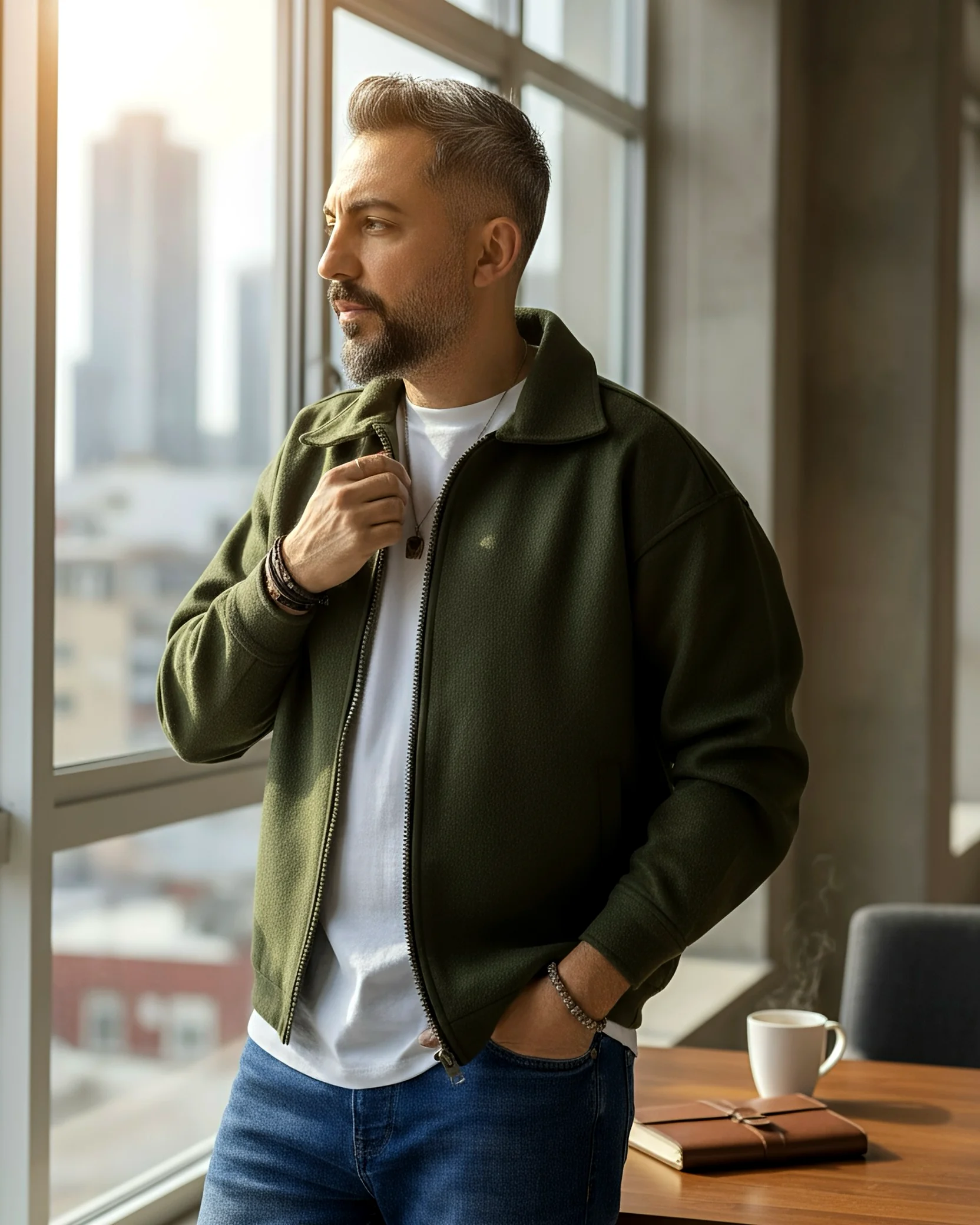 Oversize Men's Cashmere Jacket - Khaki green