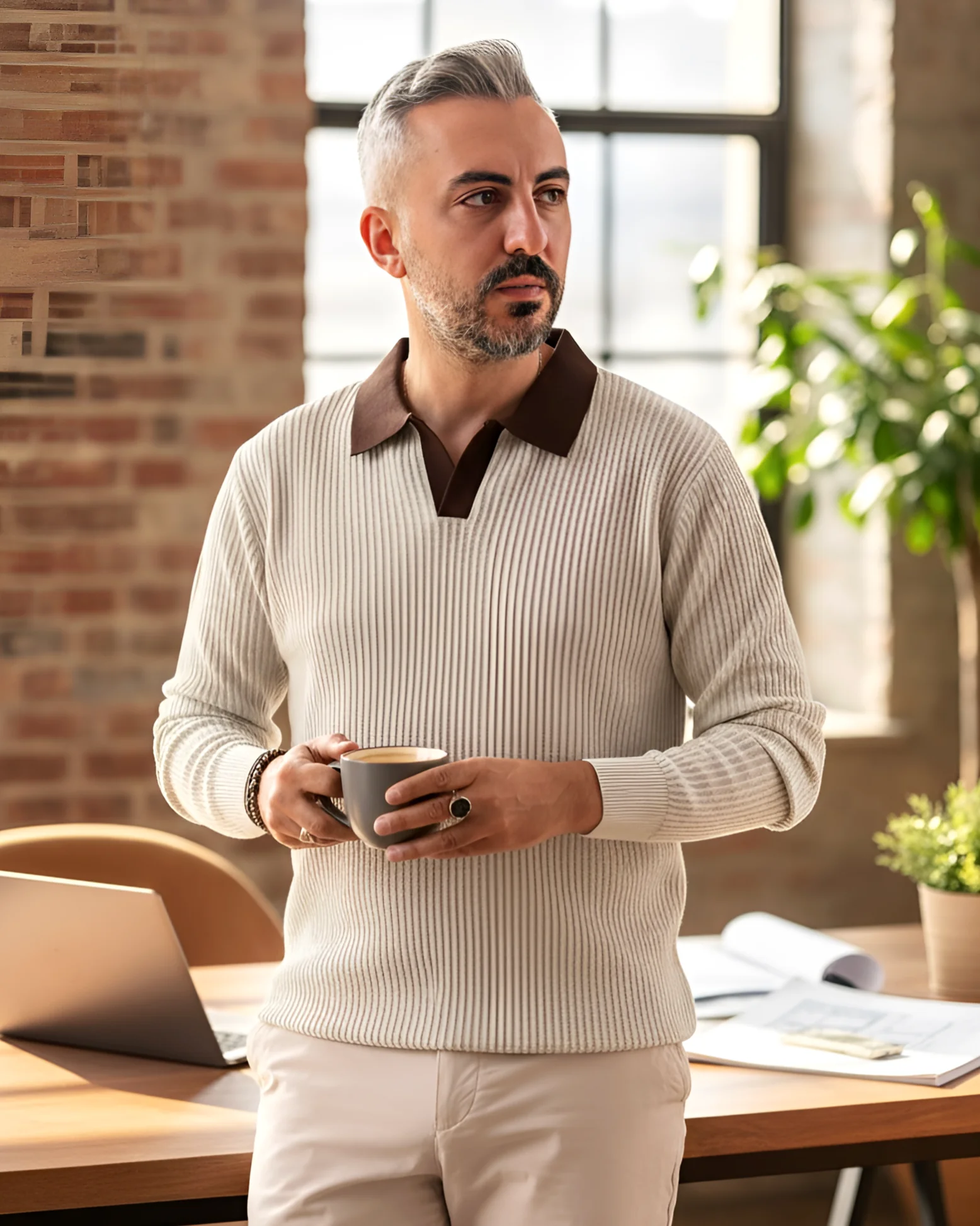 Old Money Triko Polo Yaka Erkek Kazak - krem